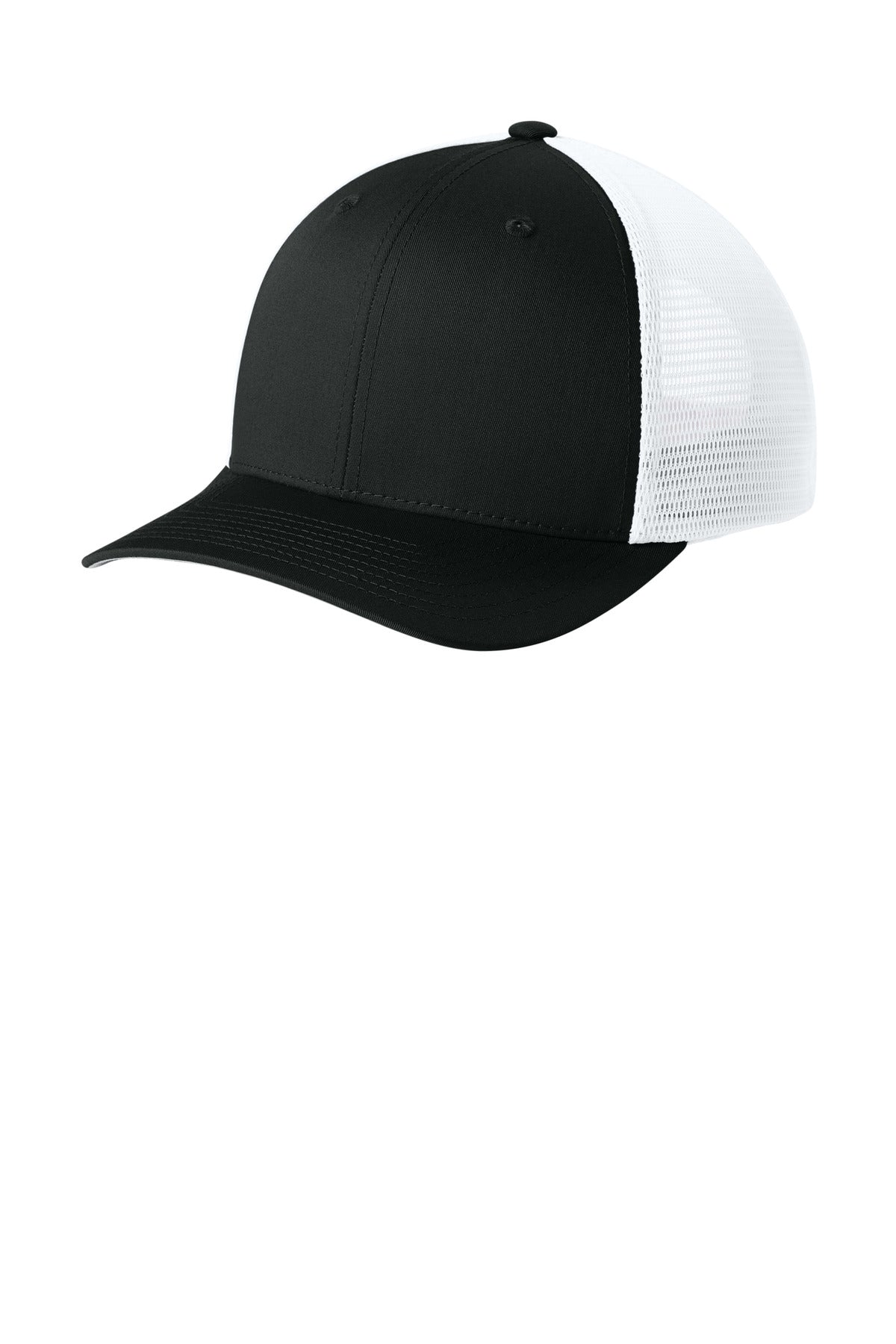 Custom logo Sport-Tek® Stretch-Tek Snapback Trucker Cap STC74 in Black/ White