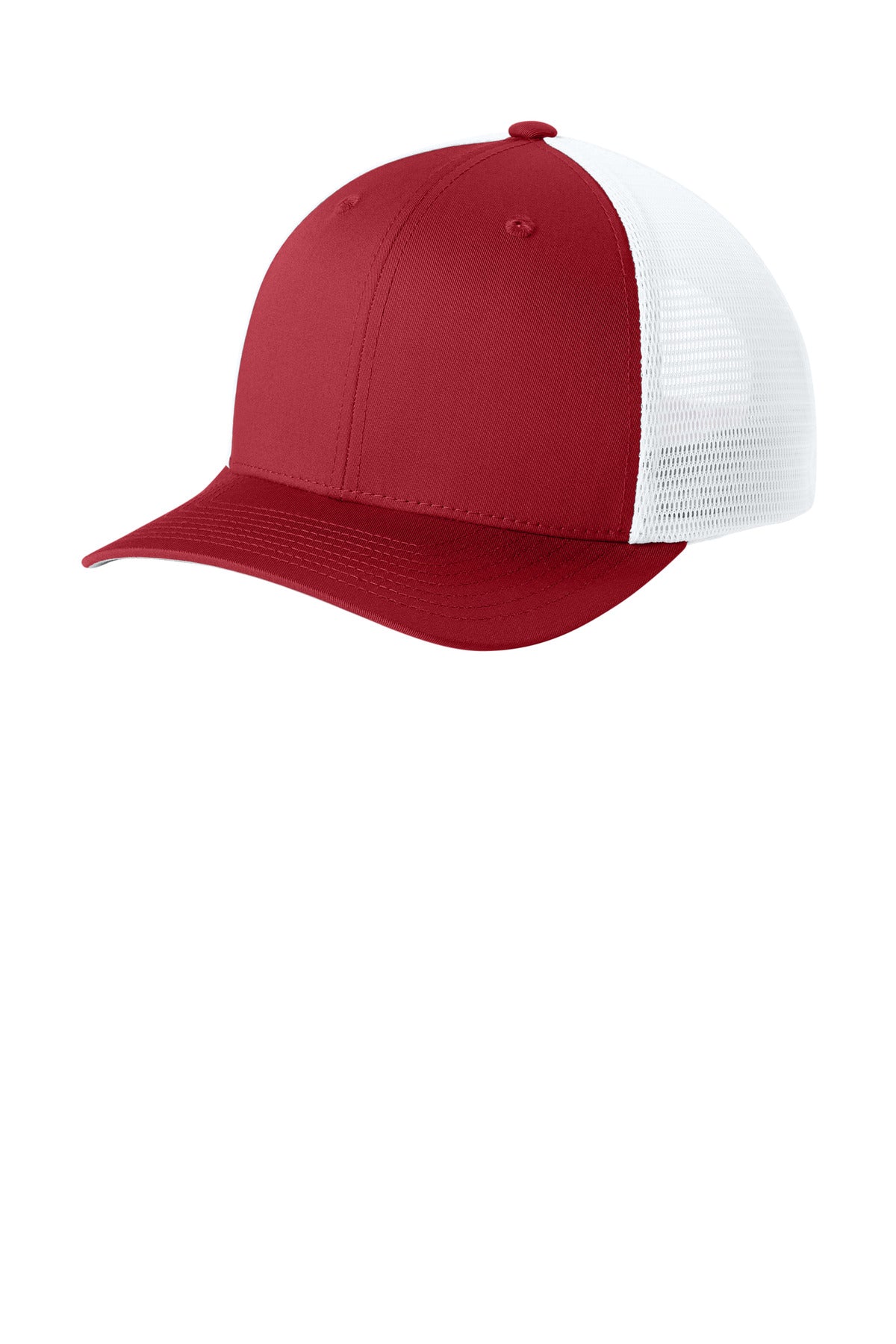 Custom logo Sport-Tek® Stretch-Tek Snapback Trucker Cap STC74 in Deep Red/ White