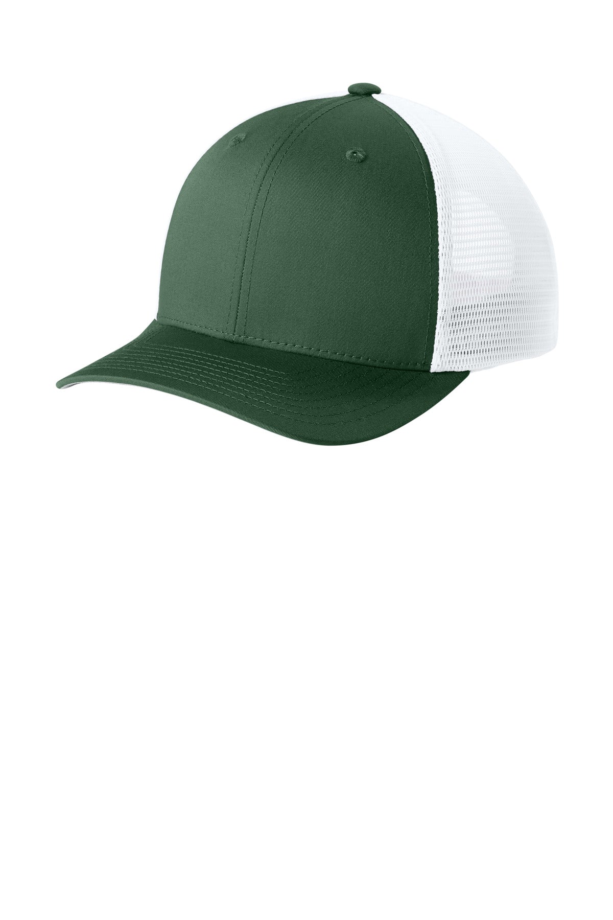 Custom logo Sport-Tek® Stretch-Tek Snapback Trucker Cap STC74 in Forest Green/ White