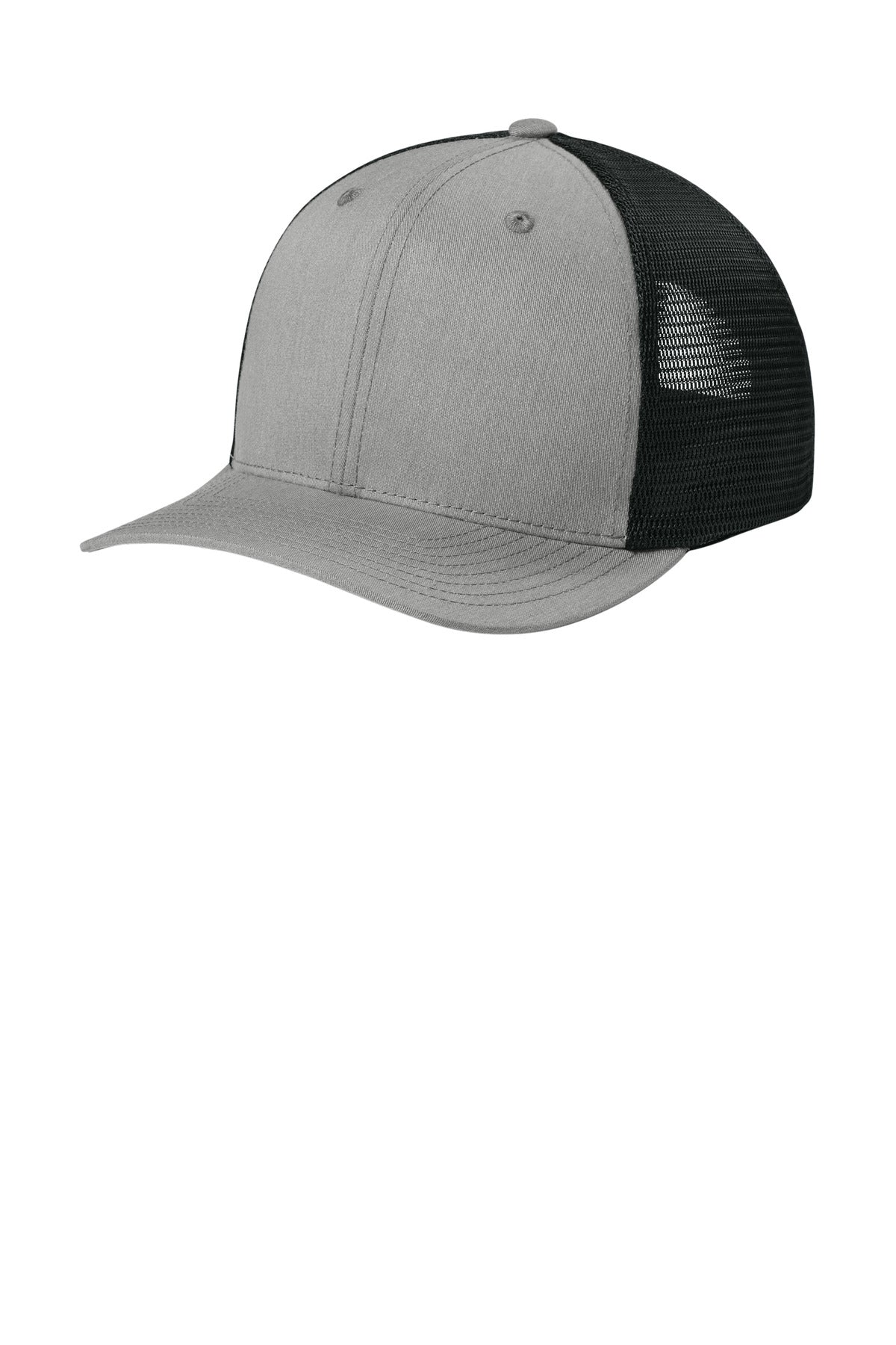 Custom logo Sport-Tek® Stretch-Tek Snapback Trucker Cap STC74 in Heather Grey/ Black