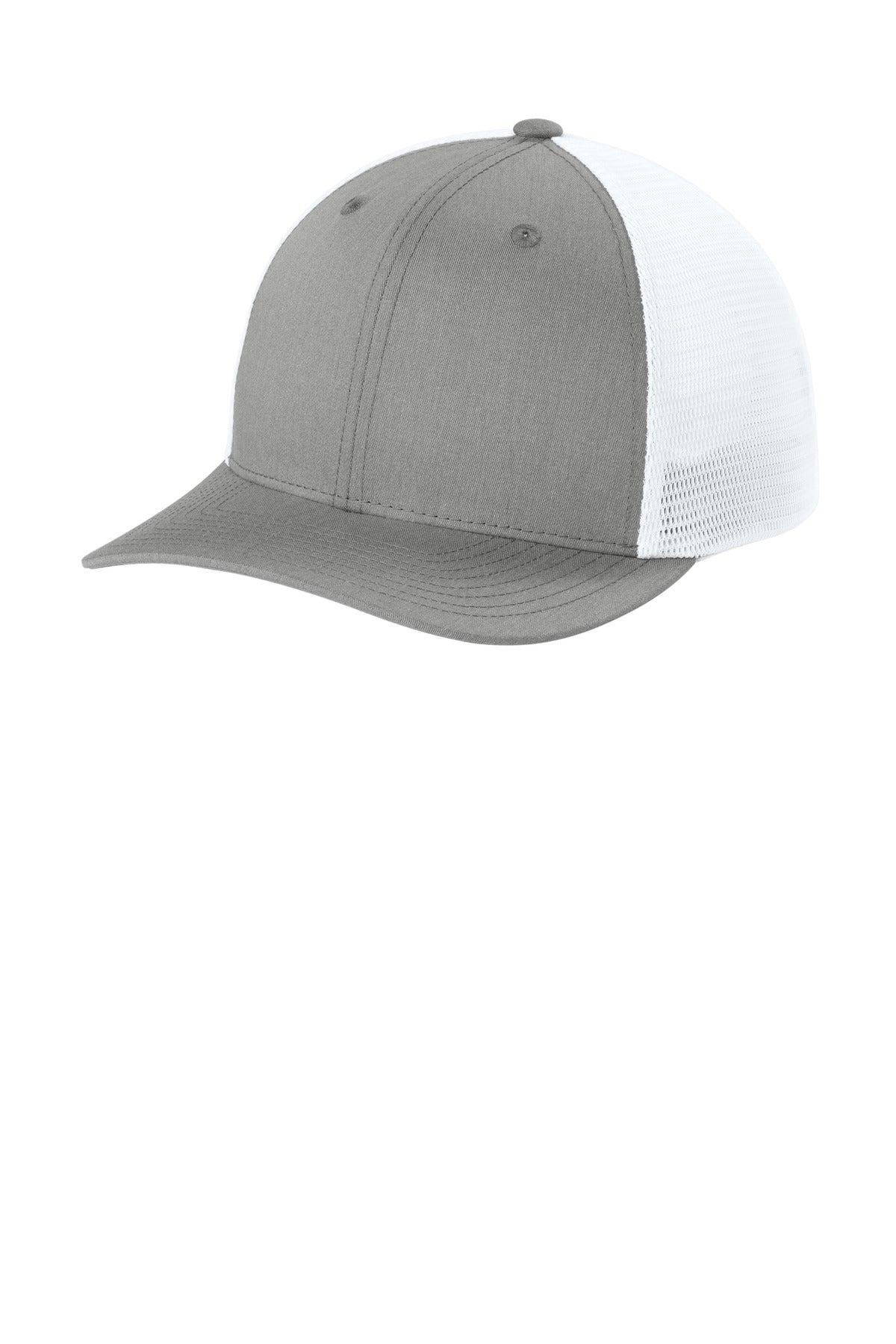 Custom logo Sport-Tek® Stretch-Tek Snapback Trucker Cap STC74 in Heather Grey/ White