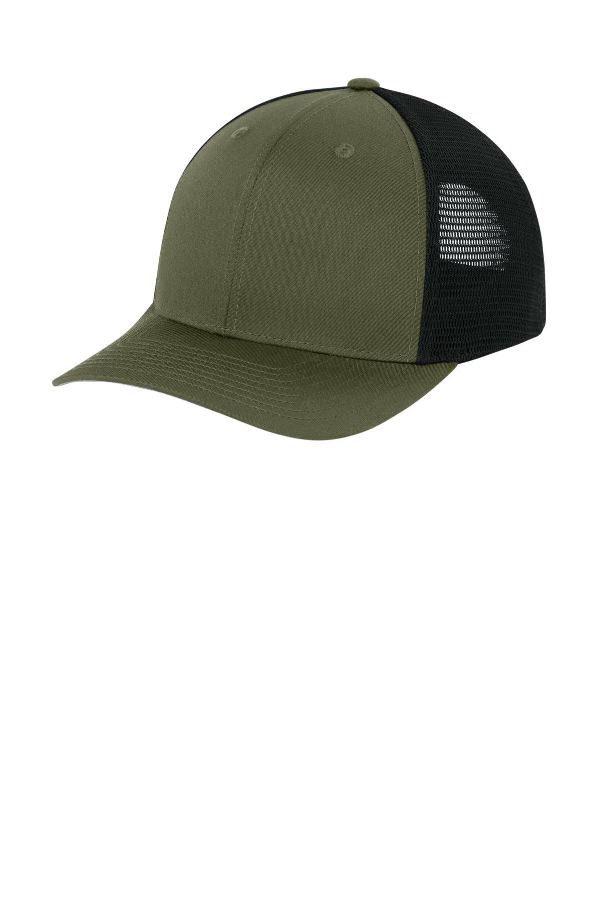 Custom logo Sport-Tek® Stretch-Tek Snapback Trucker Cap STC74 in Olive Drab Green/ Black