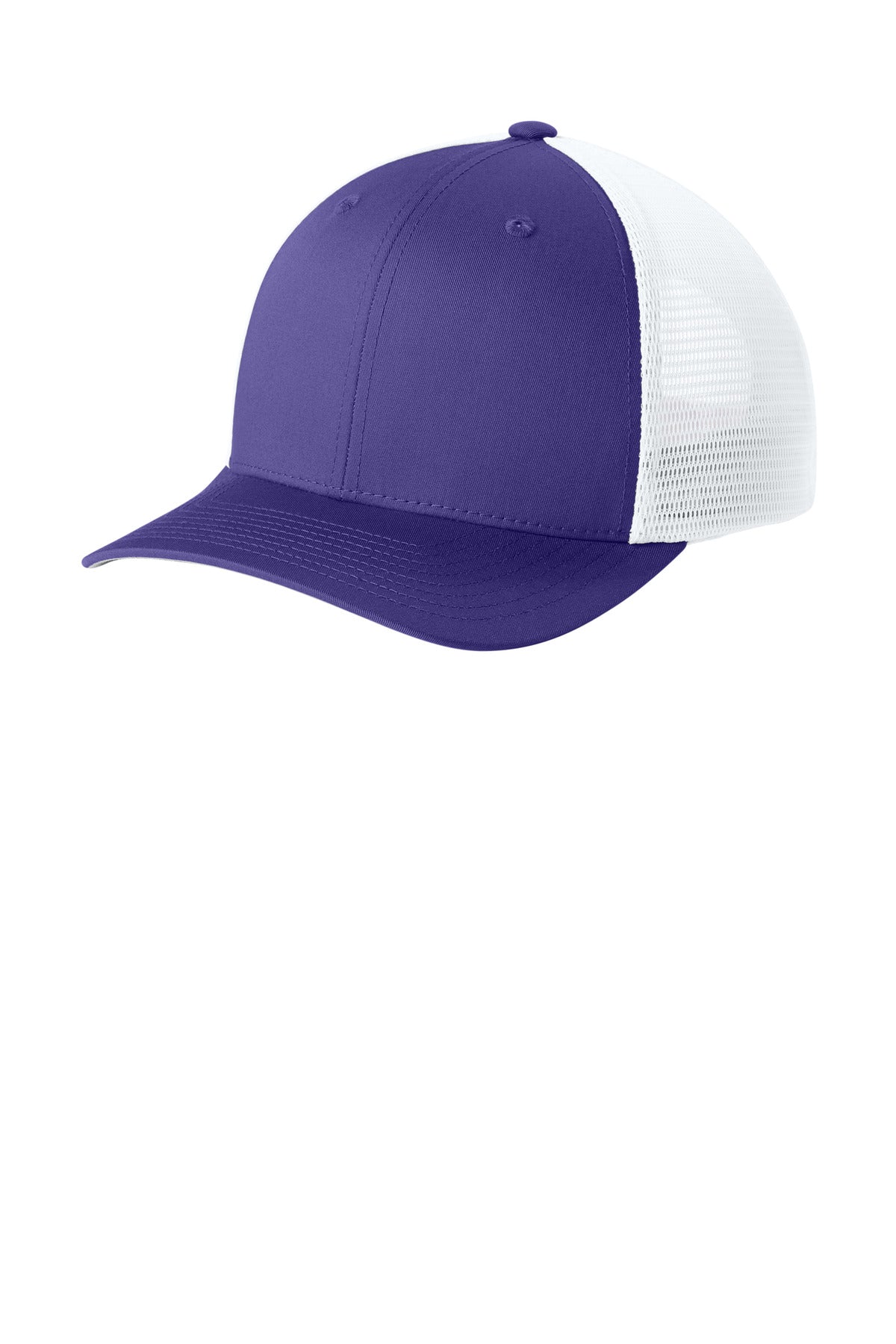 Custom logo Sport-Tek® Stretch-Tek Snapback Trucker Cap STC74 in Purple/ White