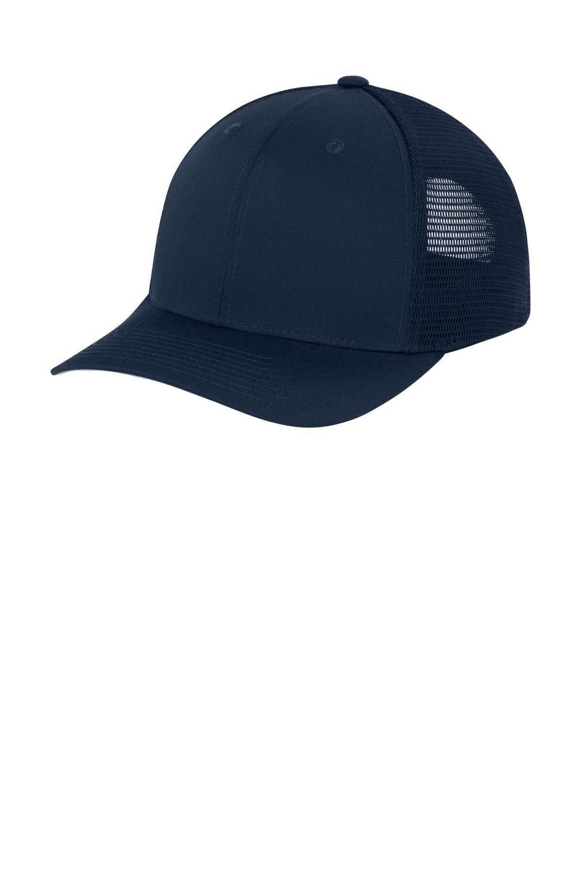 Custom logo Sport-Tek® Stretch-Tek Snapback Trucker Cap STC74 in True Navy/ True Navy
