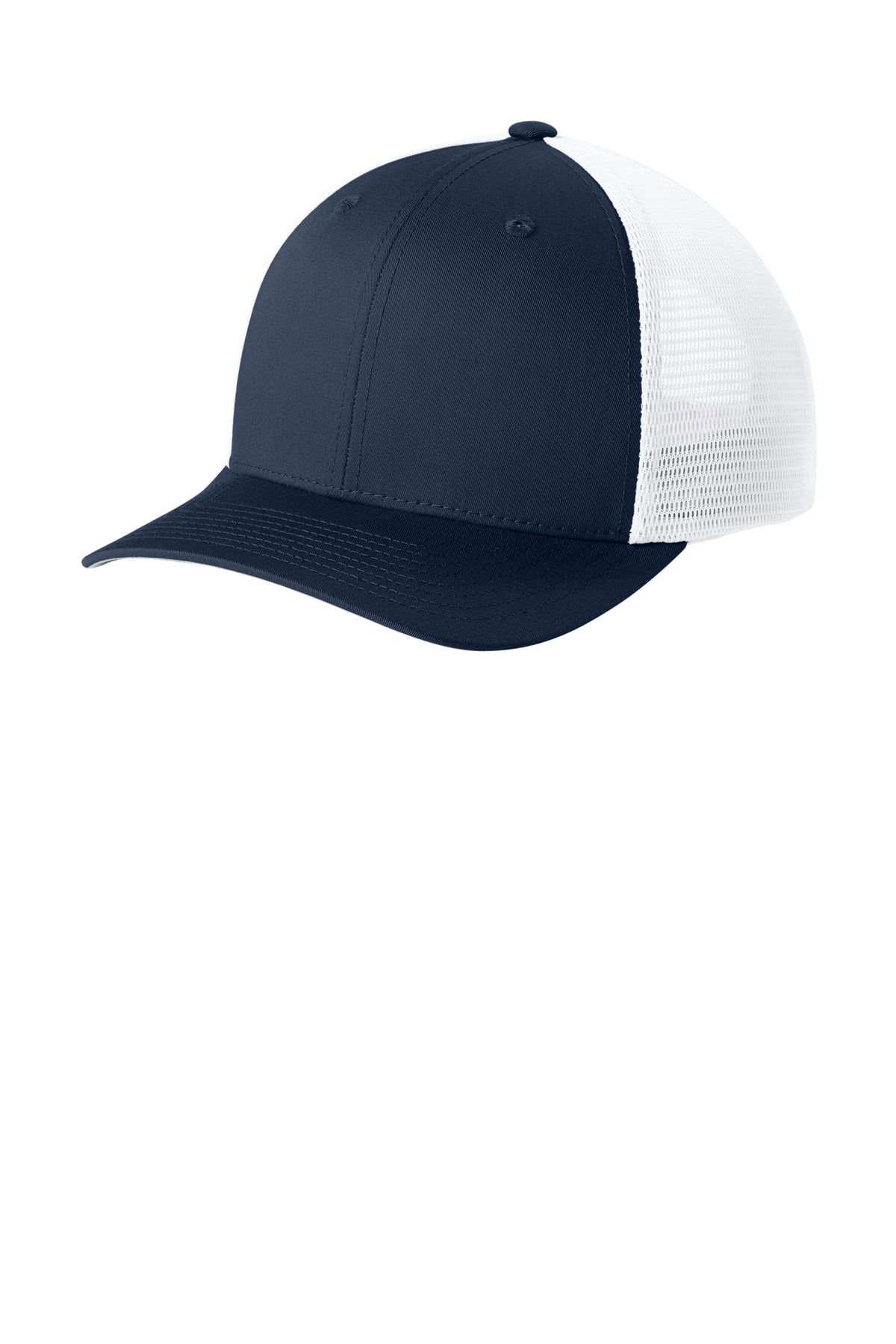 Custom logo Sport-Tek® Stretch-Tek Snapback Trucker Cap STC74 in True Navy/ White