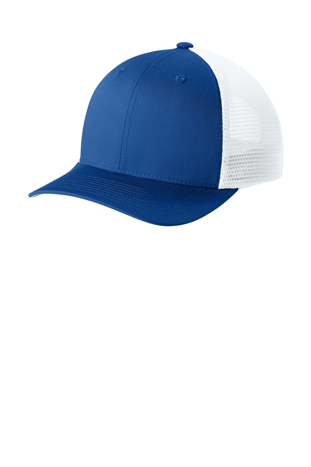 Custom logo Sport-Tek® Stretch-Tek Snapback Trucker Cap STC74 in True Royal/ White
