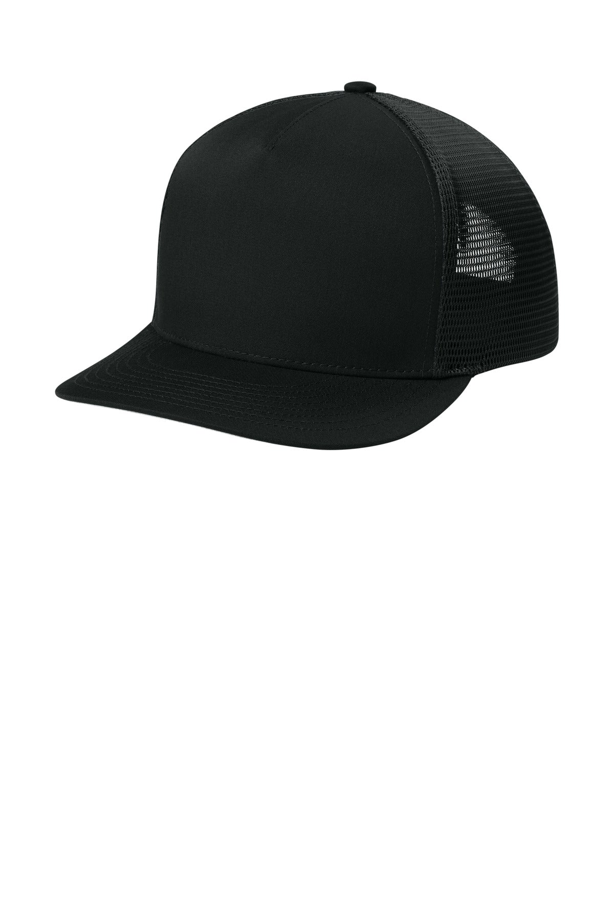 Custom logo Sport-Tek® Stretch-Tek 5-Panel Trucker Cap STC75 in Black/ Black