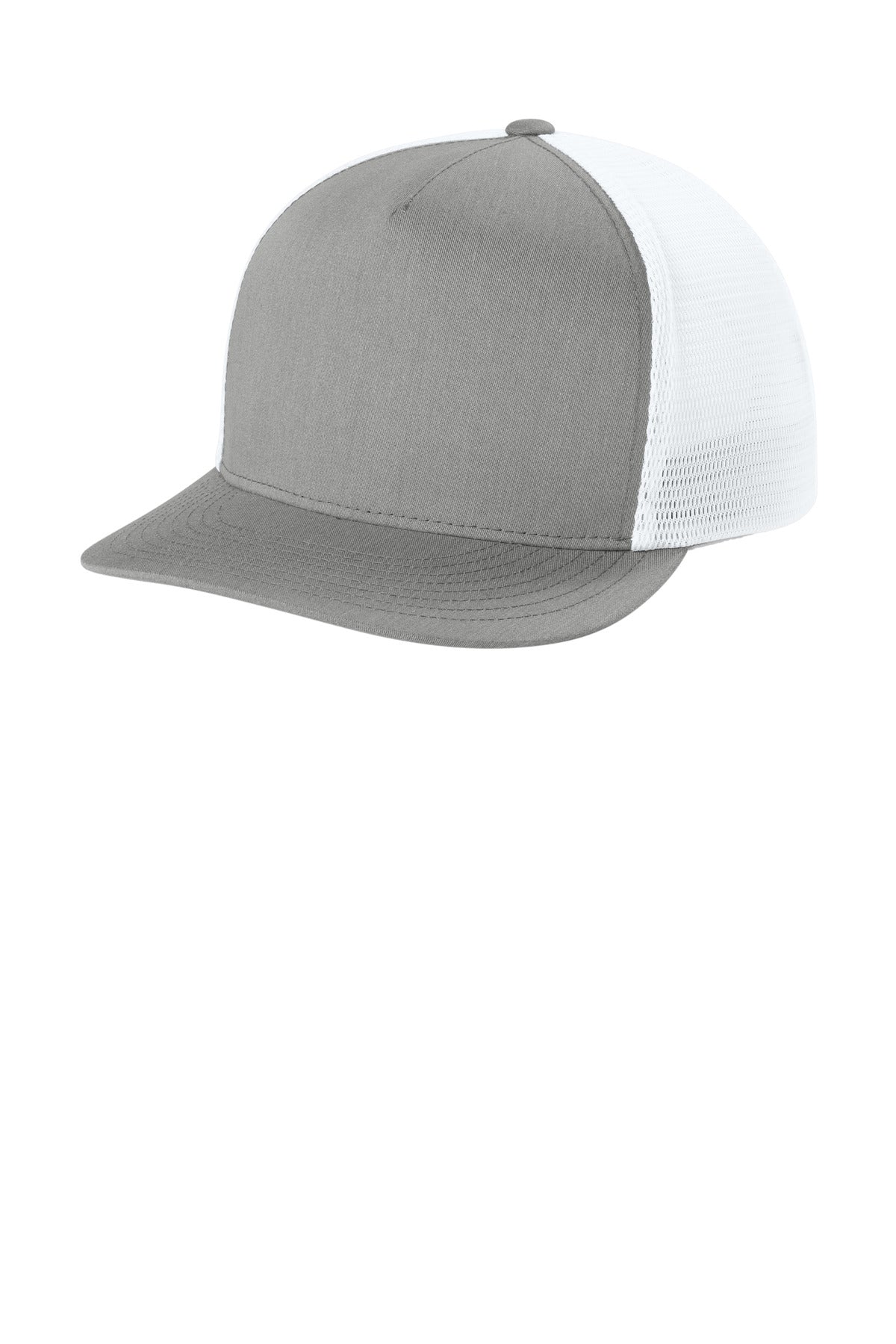 Custom logo Sport-Tek® Stretch-Tek 5-Panel Trucker Cap STC75 in Heather Grey/ White