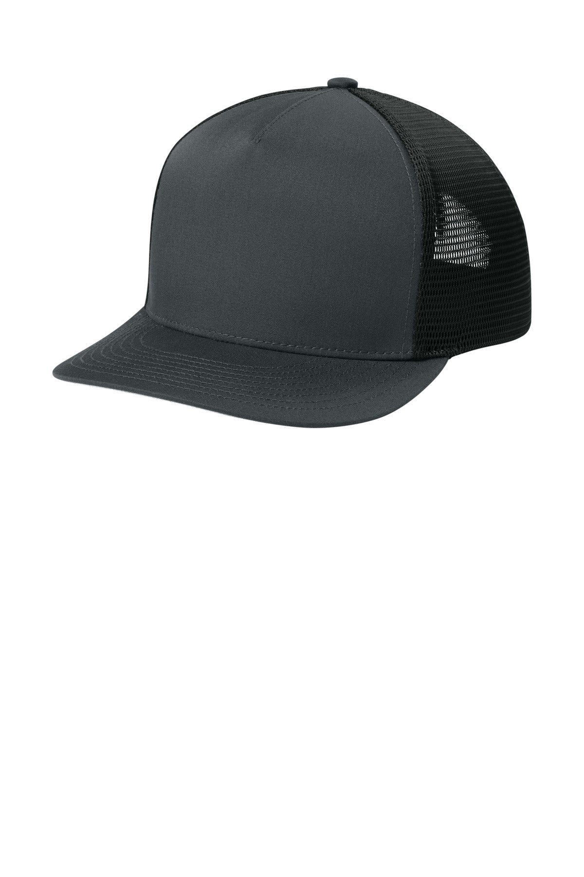 Custom logo Sport-Tek® Stretch-Tek 5-Panel Trucker Cap STC75 in Iron Grey/ Black