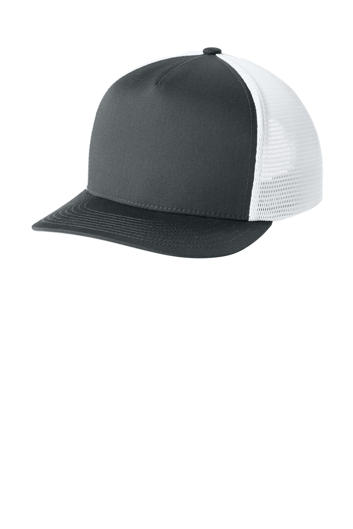 Custom logo Sport-Tek® Stretch-Tek 5-Panel Trucker Cap STC75 in Iron Grey/ White