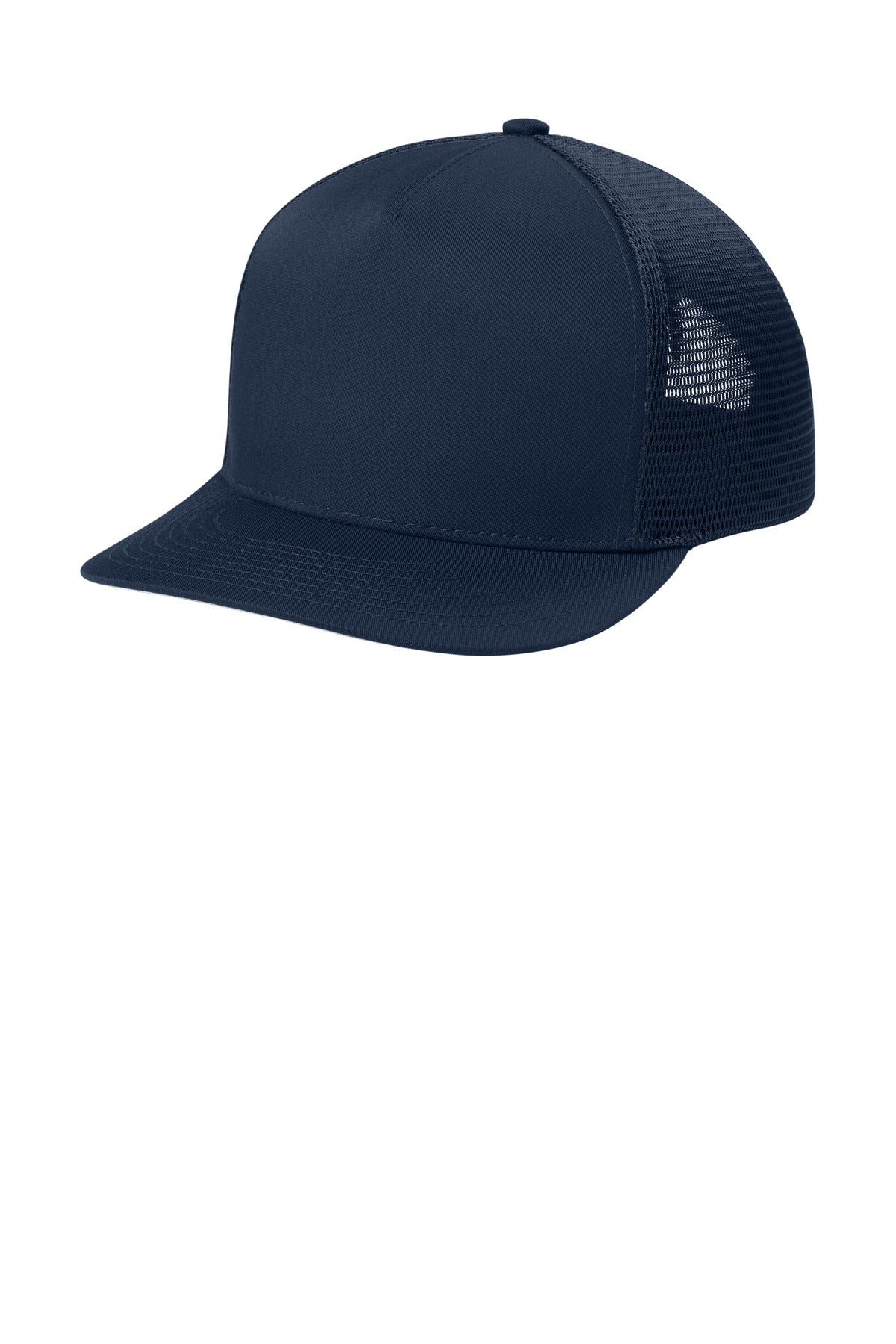 Custom logo Sport-Tek® Stretch-Tek 5-Panel Trucker Cap STC75 in True Navy/ True Navy