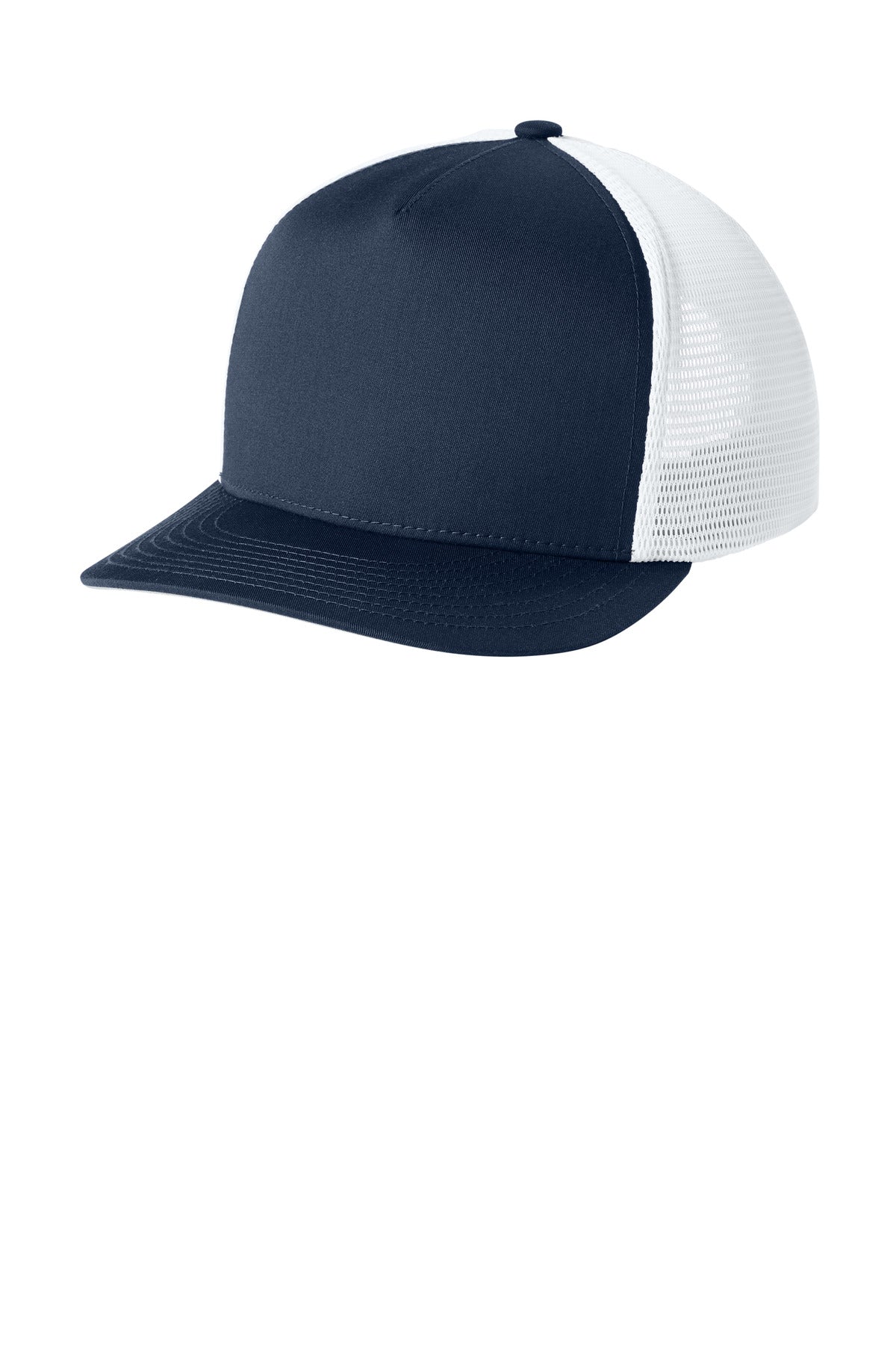 Custom logo Sport-Tek® Stretch-Tek 5-Panel Trucker Cap STC75 in True Navy/ White