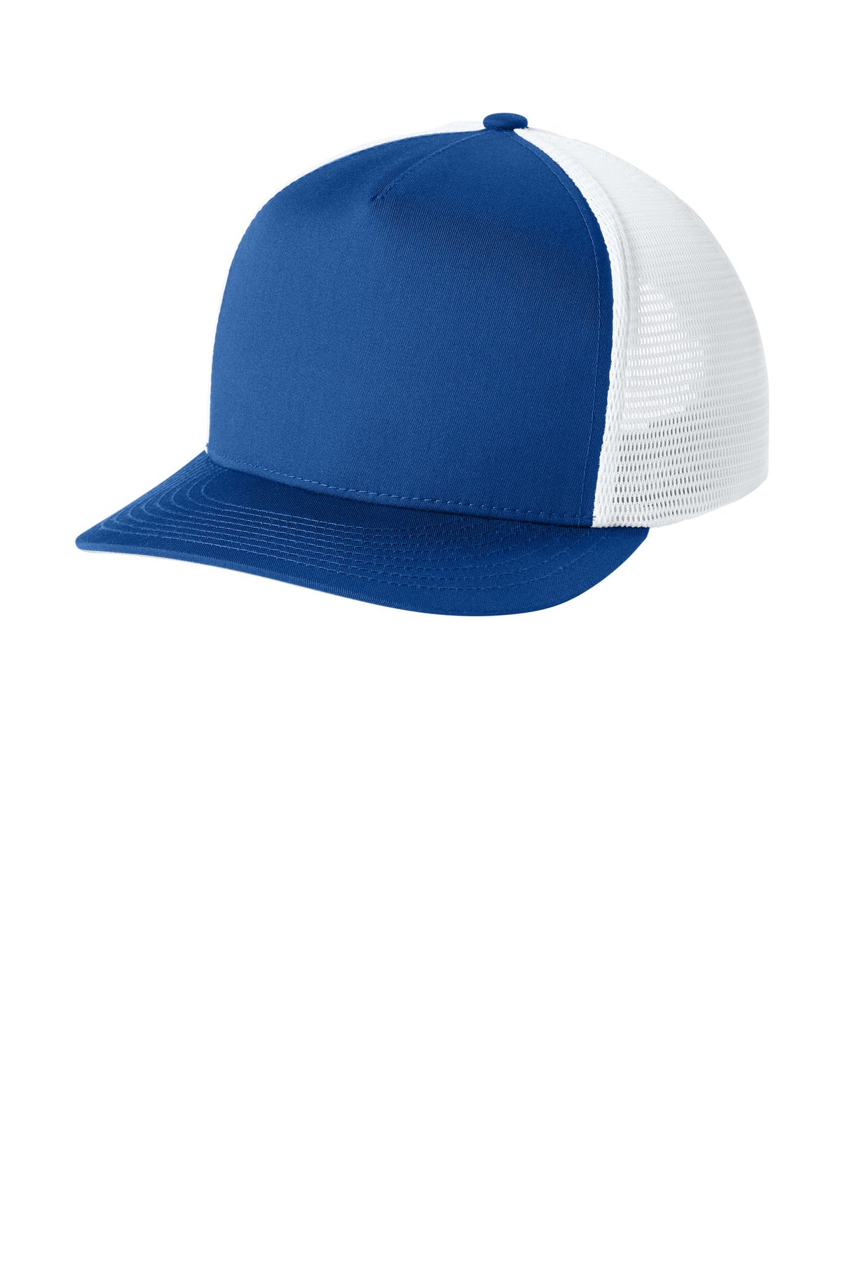 Custom logo Sport-Tek® Stretch-Tek 5-Panel Trucker Cap STC75 in True Royal/ White