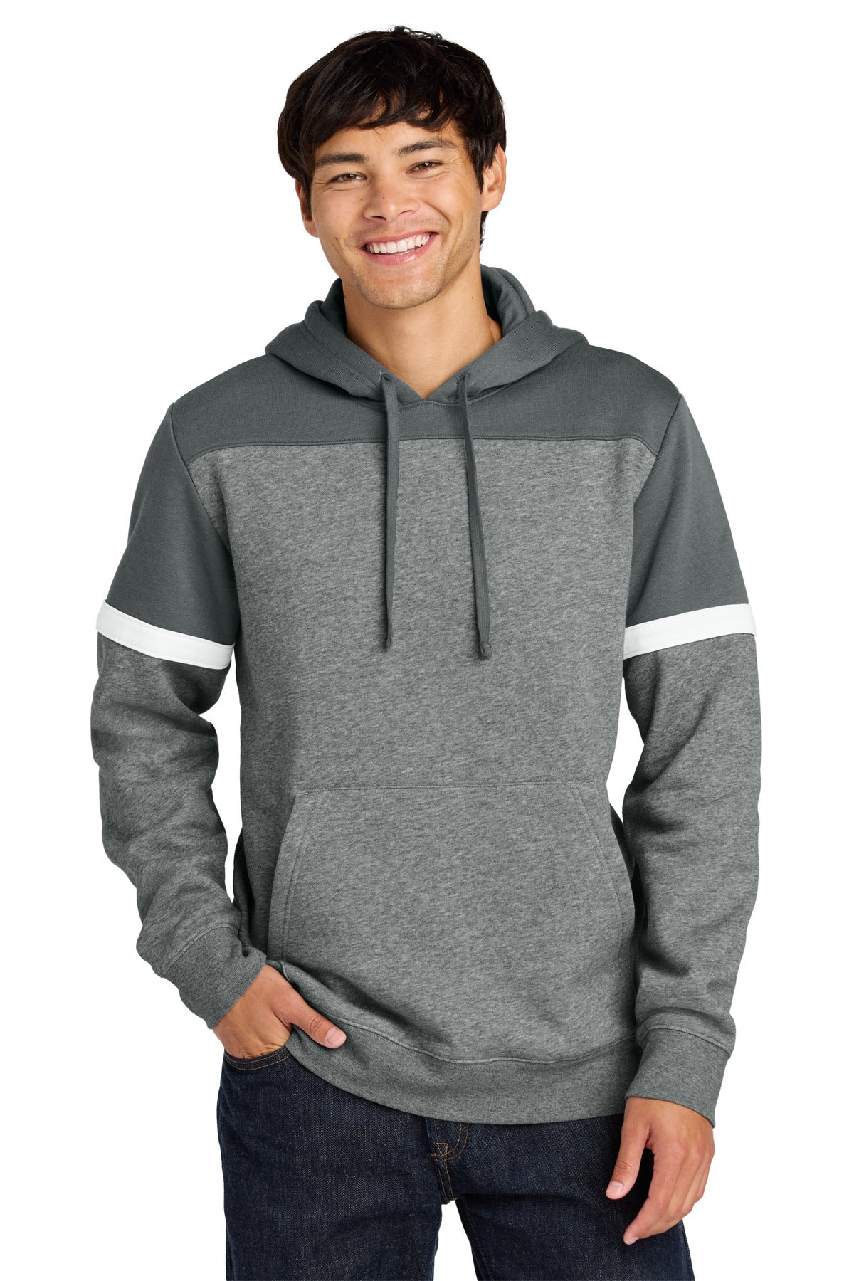 Custom logo Sport-Tek® Drive Fleece Colorblock Hoodie STF205 in Dark Smoke Grey/ Vintage Heather
