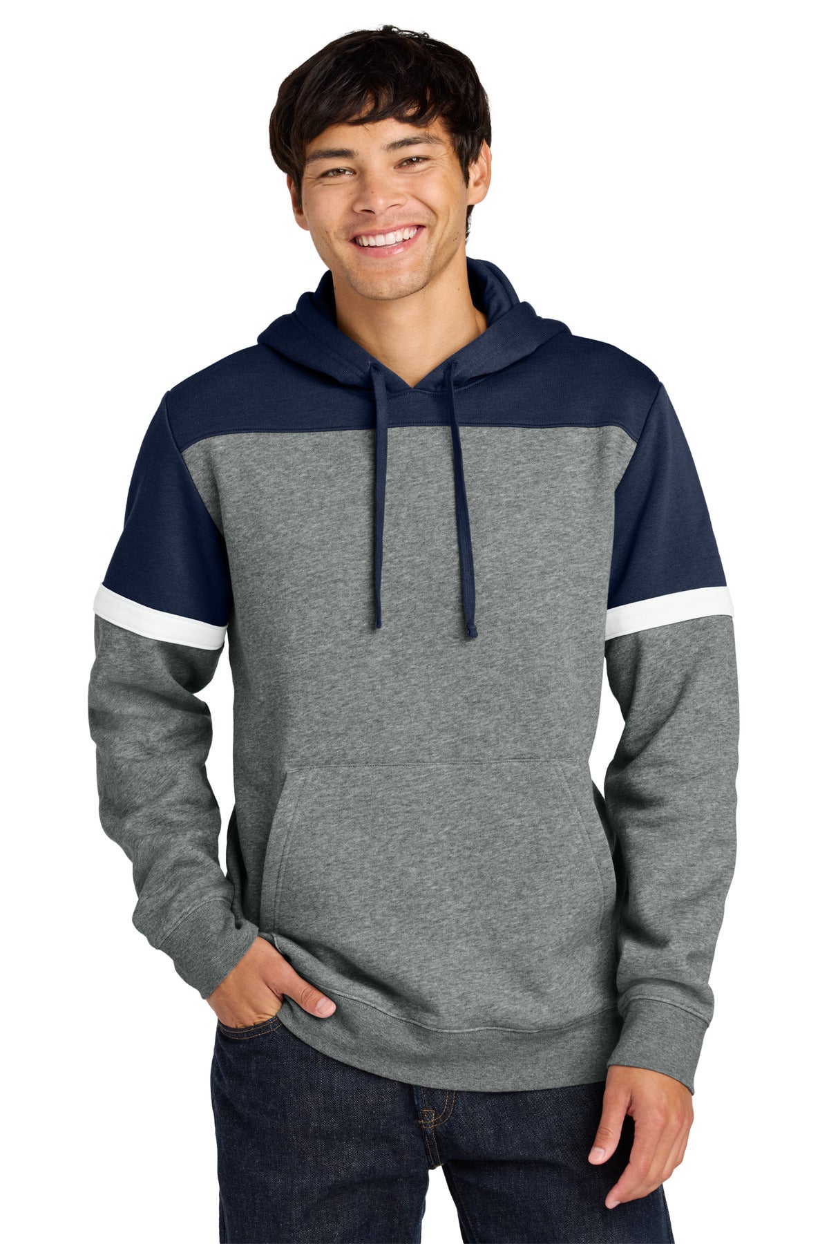 Custom logo Sport-Tek® Drive Fleece Colorblock Hoodie STF205 in True Navy/ Vintage Heather