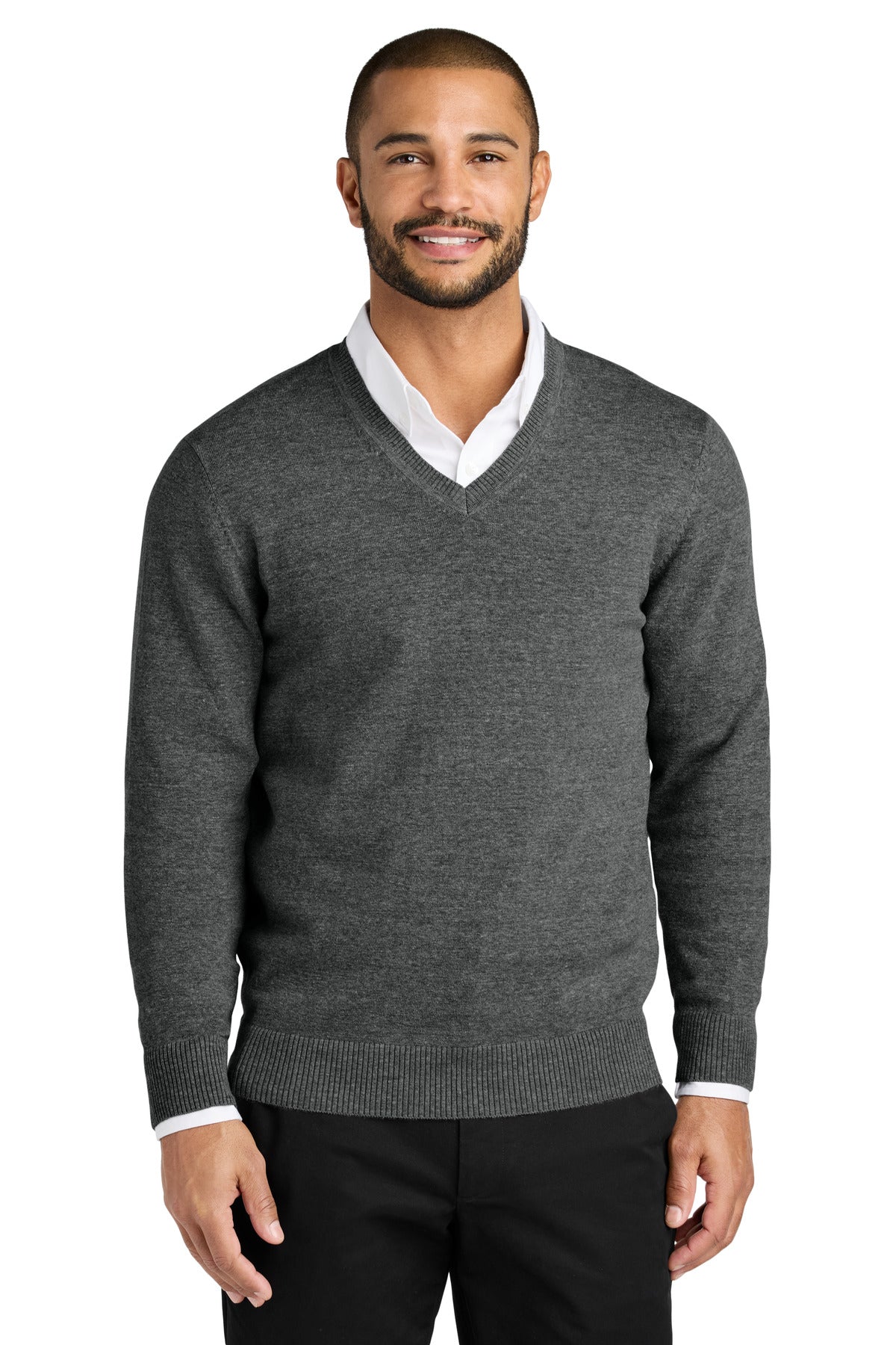 Custom logo Port Authority® Easy Care V-Neck Sweater SW2850 in Charcoal Heather
