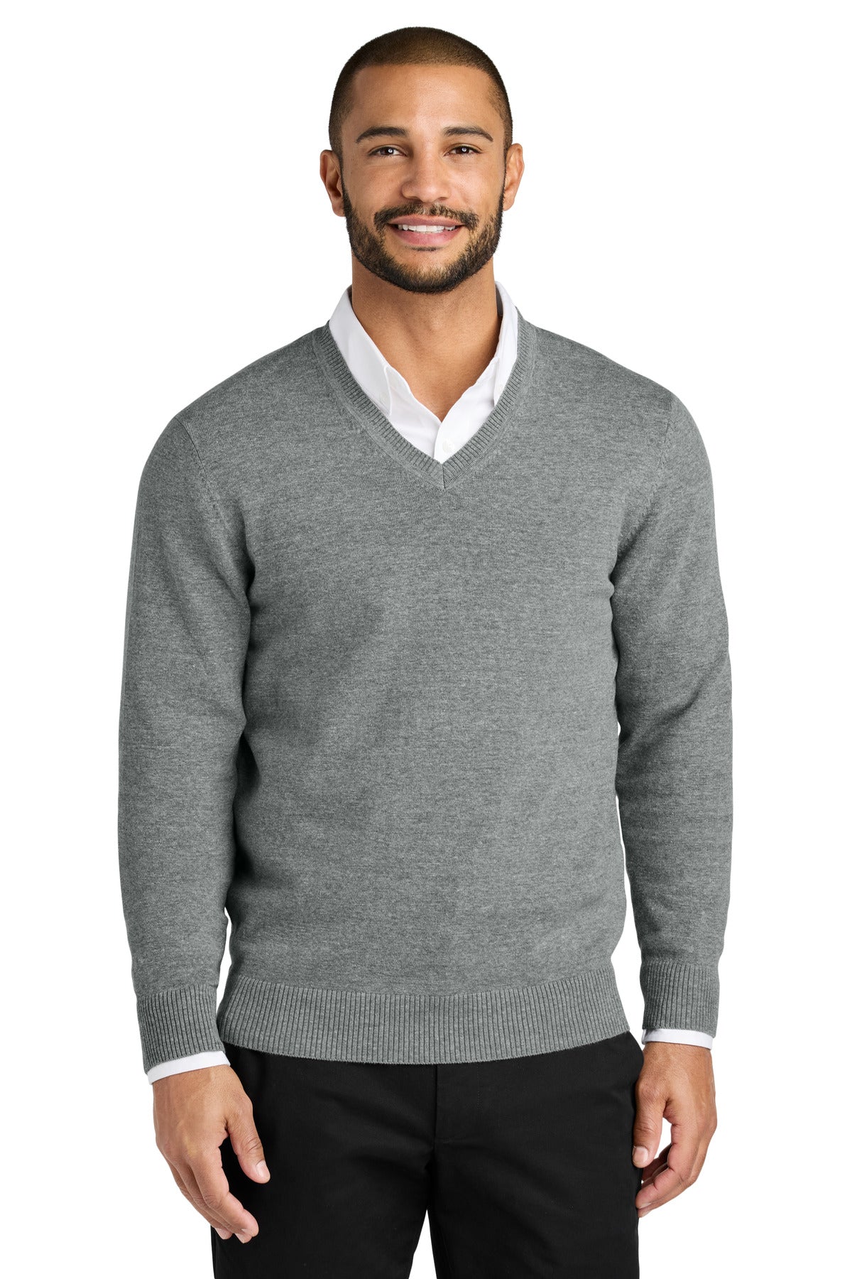 Custom logo Port Authority® Easy Care V-Neck Sweater SW2850 in Medium Heather Grey