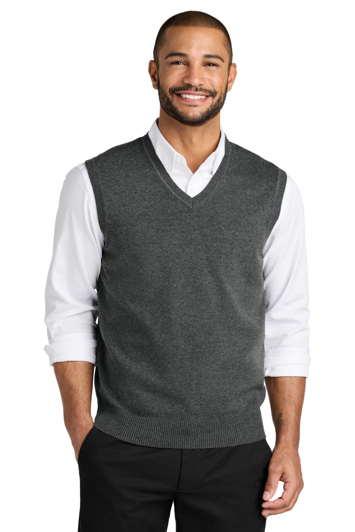 Custom logo Port Authority® Easy Care Sweater Vest SW2860 in Charcoal Heather