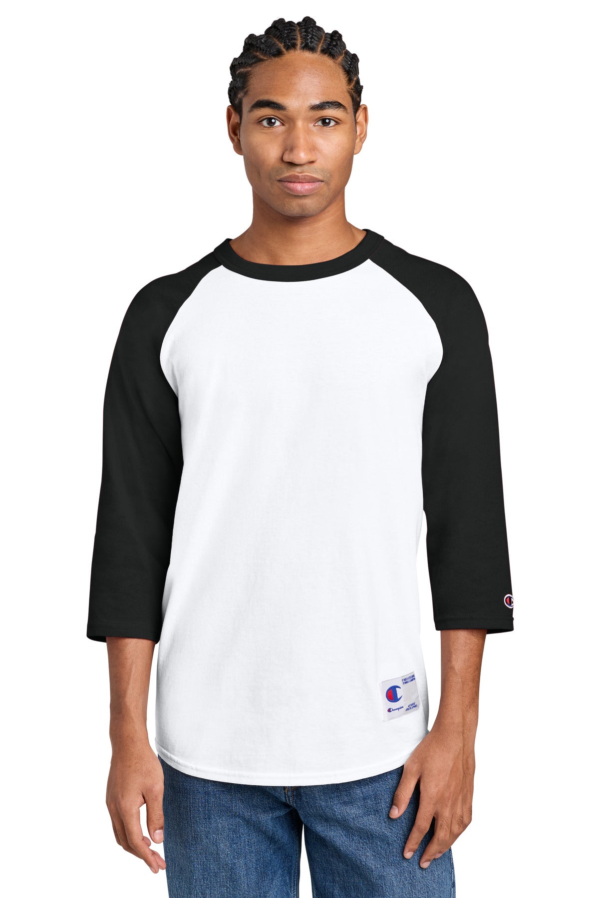 Custom logo Champion® Raglan Baseball Tee T137 in White/ Black