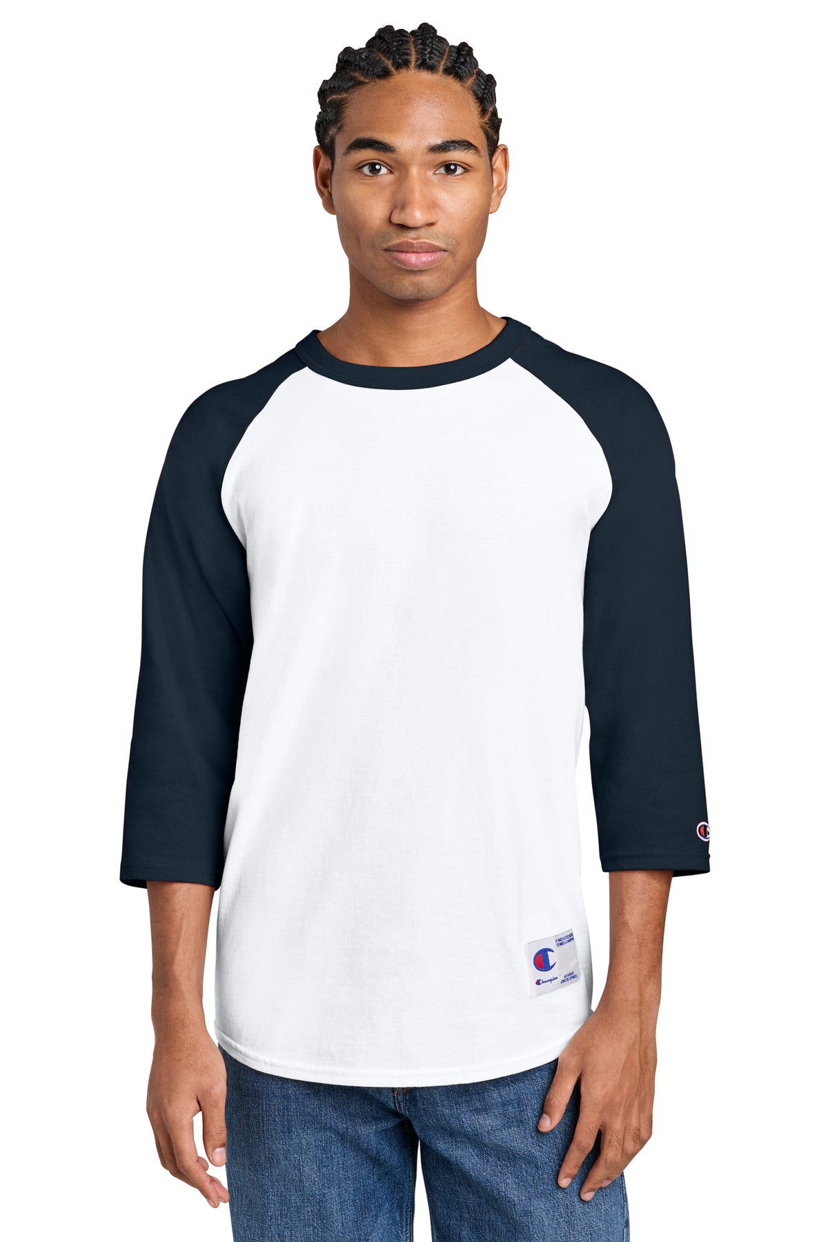 Custom logo Champion® Raglan Baseball Tee T137 in White/ Navy
