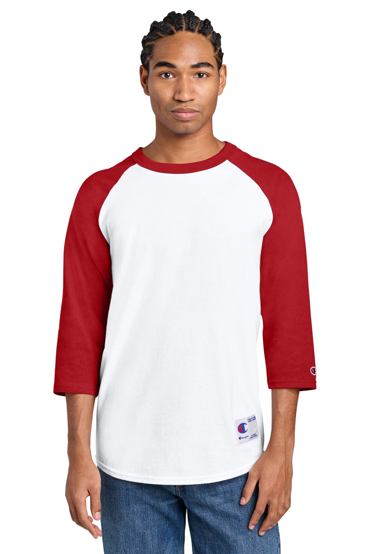 Custom logo Champion® Raglan Baseball Tee T137 in White/ Scarlet