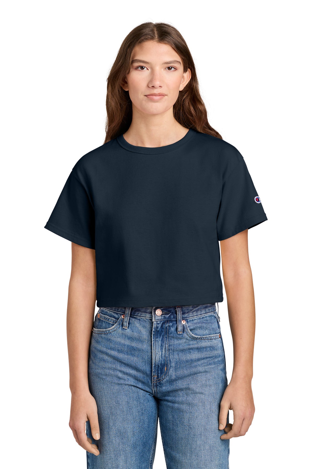 Custom logo Champion® Women's Cropped Heritage Tee T453W in Navy