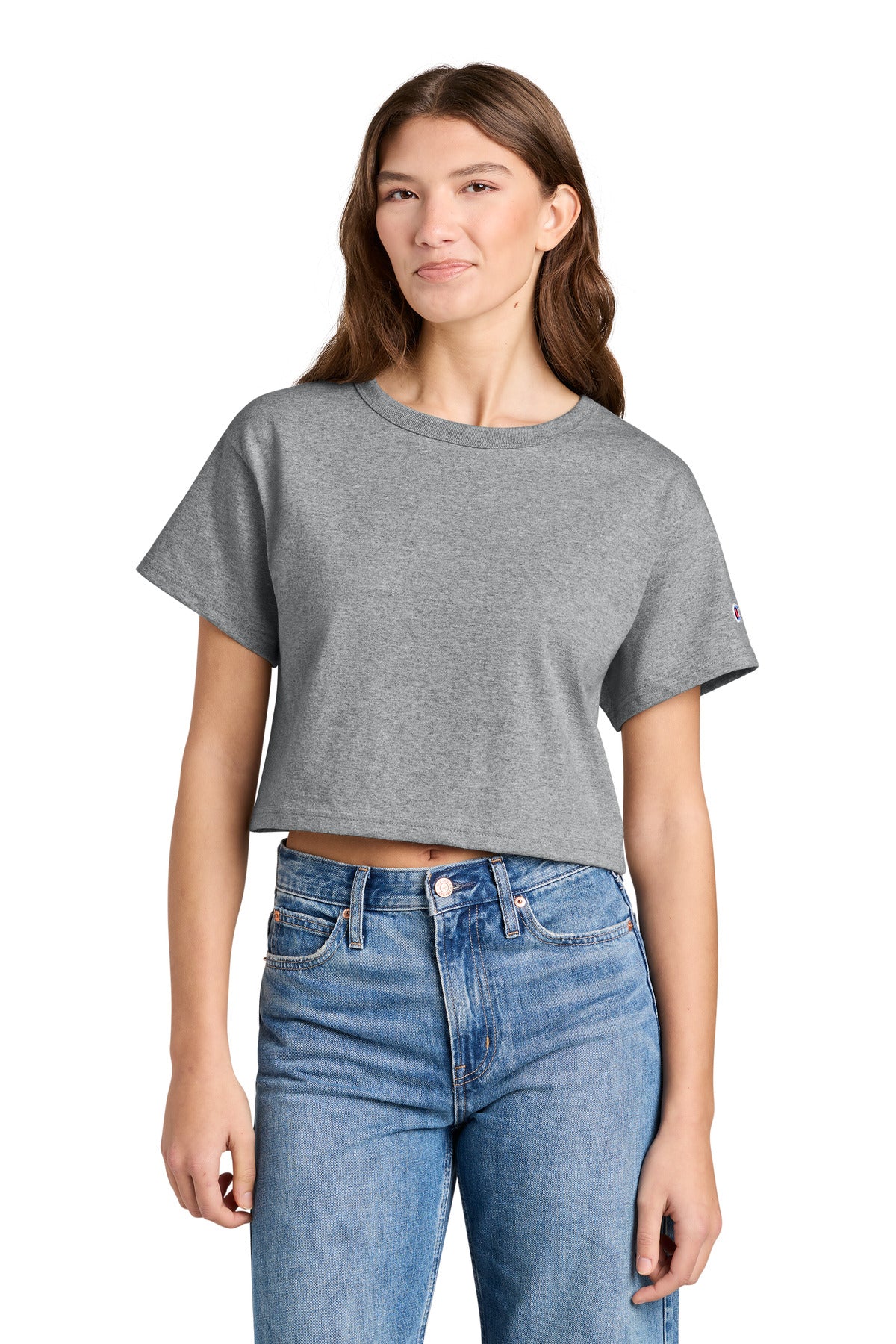 Custom logo Champion® Women's Cropped Heritage Tee T453W in Oxford Grey