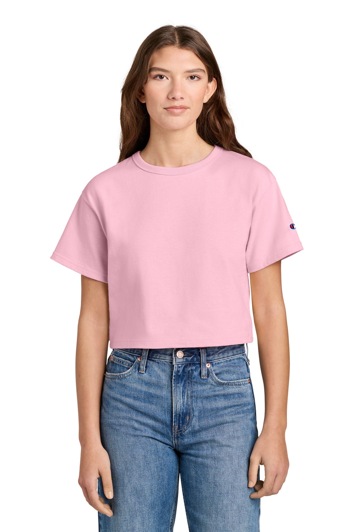 Custom logo Champion® Women's Cropped Heritage Tee T453W in Pink Candy