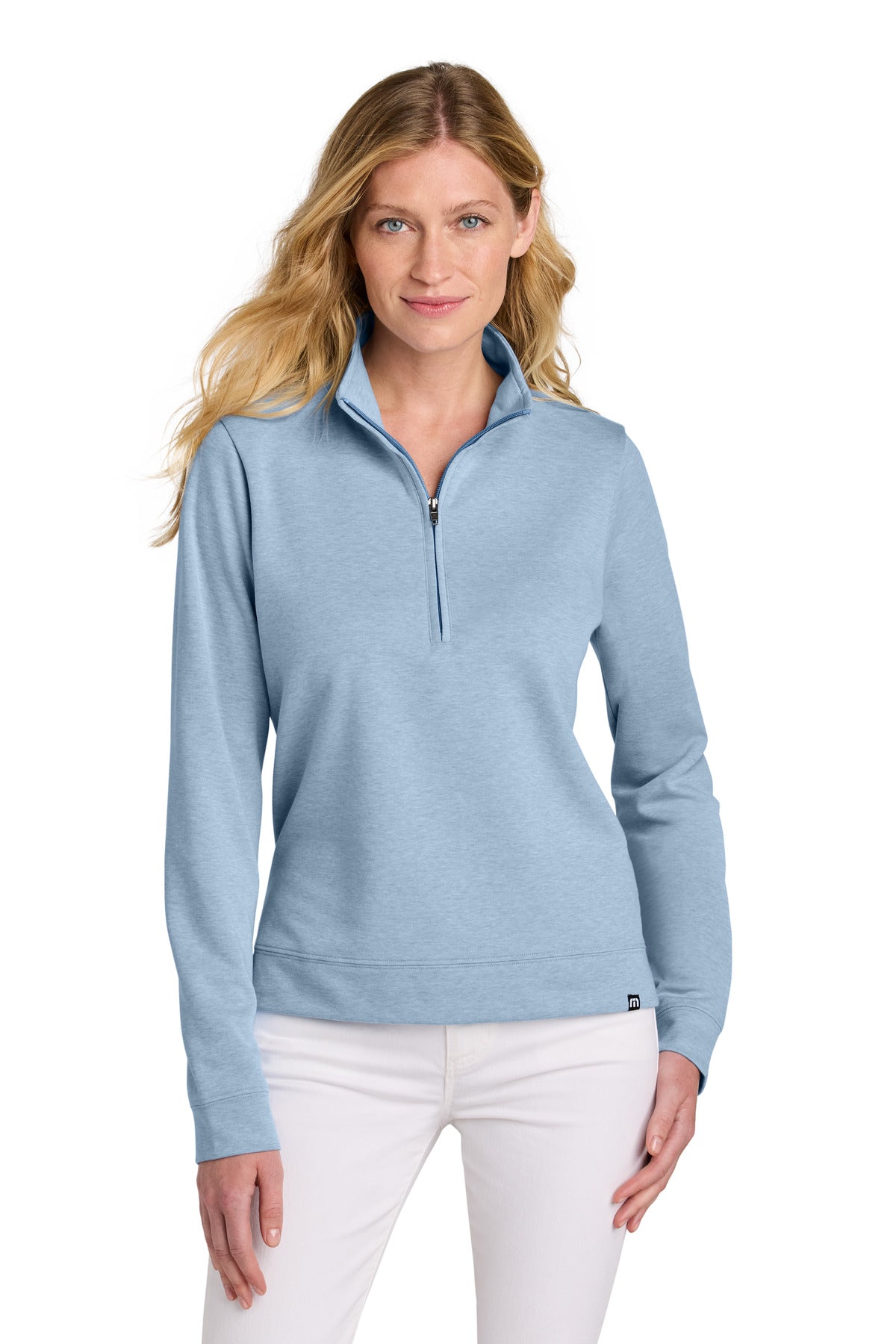 Custom logo TravisMathew Women's Coveside 1/2-Zip TM1LD007 in Light Blue Heather