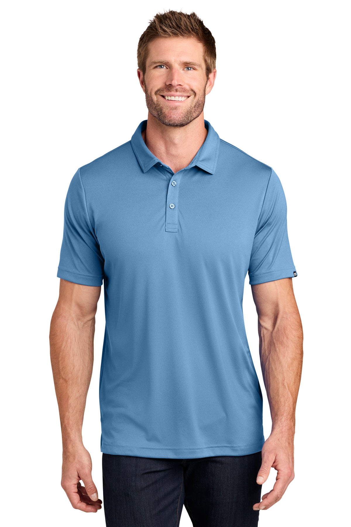Custom logo TravisMathew Coto Performance Polo. TM1MU410 in Brilliant Blue Heather