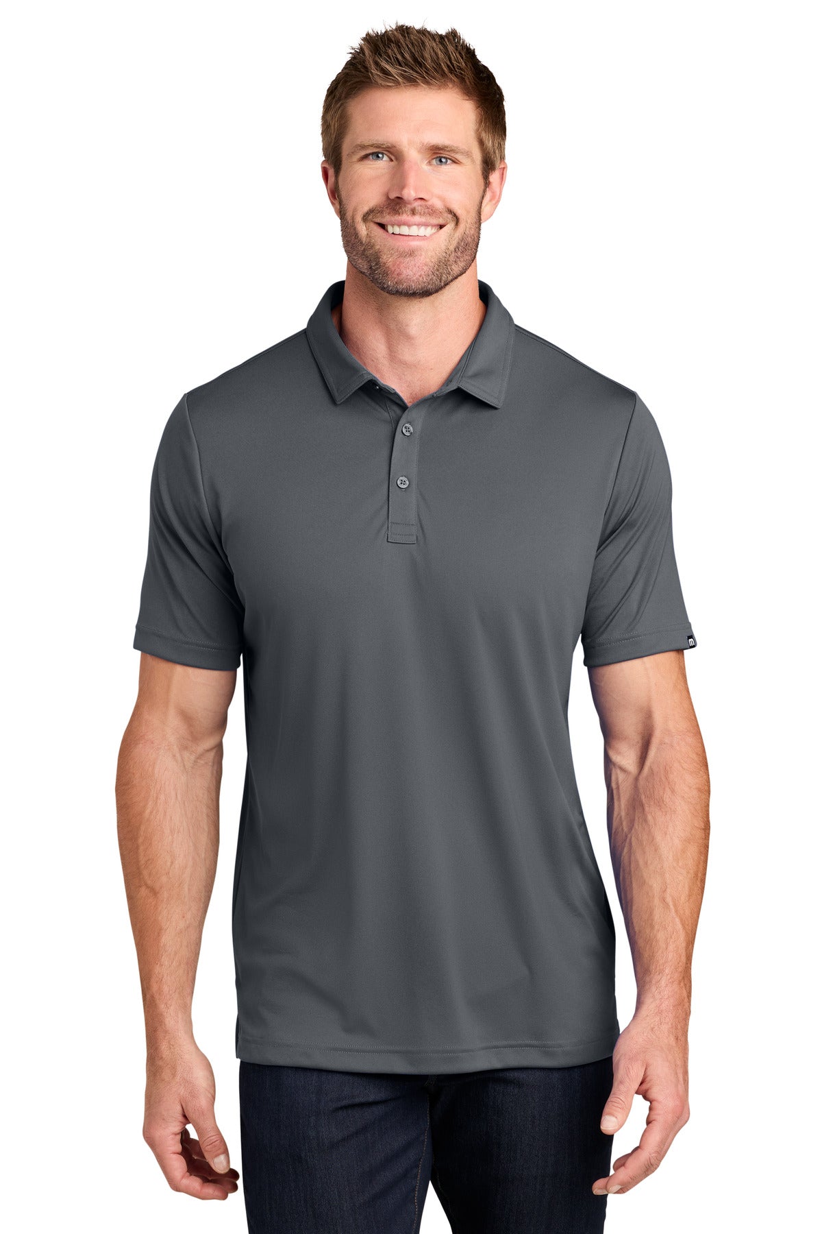 Custom logo TravisMathew Coto Performance Polo. TM1MU410 in Quiet Shade Grey/ Black