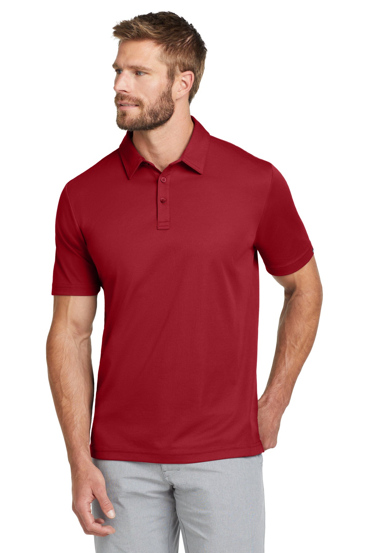 Custom logo TravisMathew Oceanside Solid Polo. TM1MU411 in Scooter Red