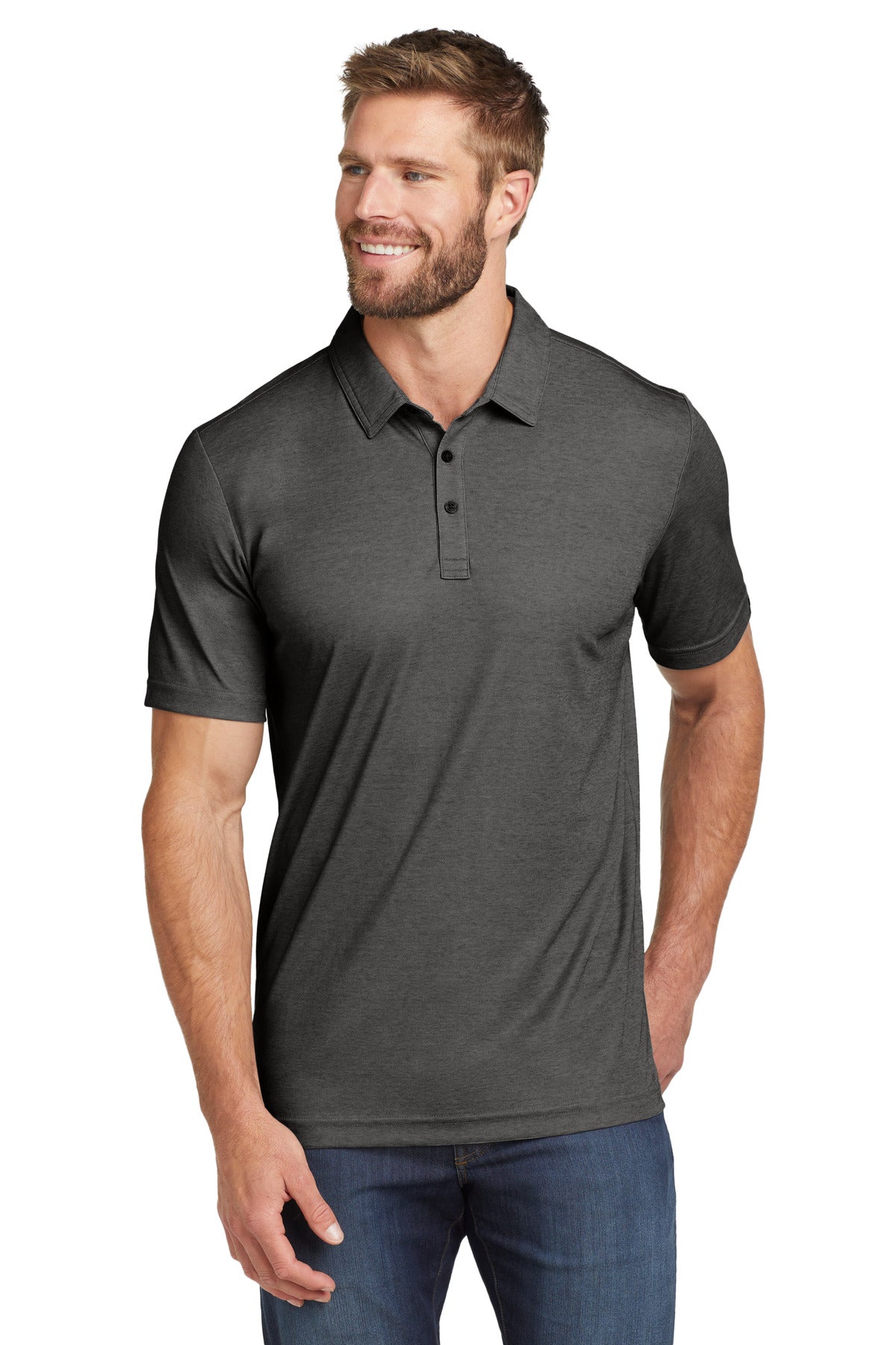 Custom logo TravisMathew Oceanside Heather Polo. TM1MU412 in Black Heather
