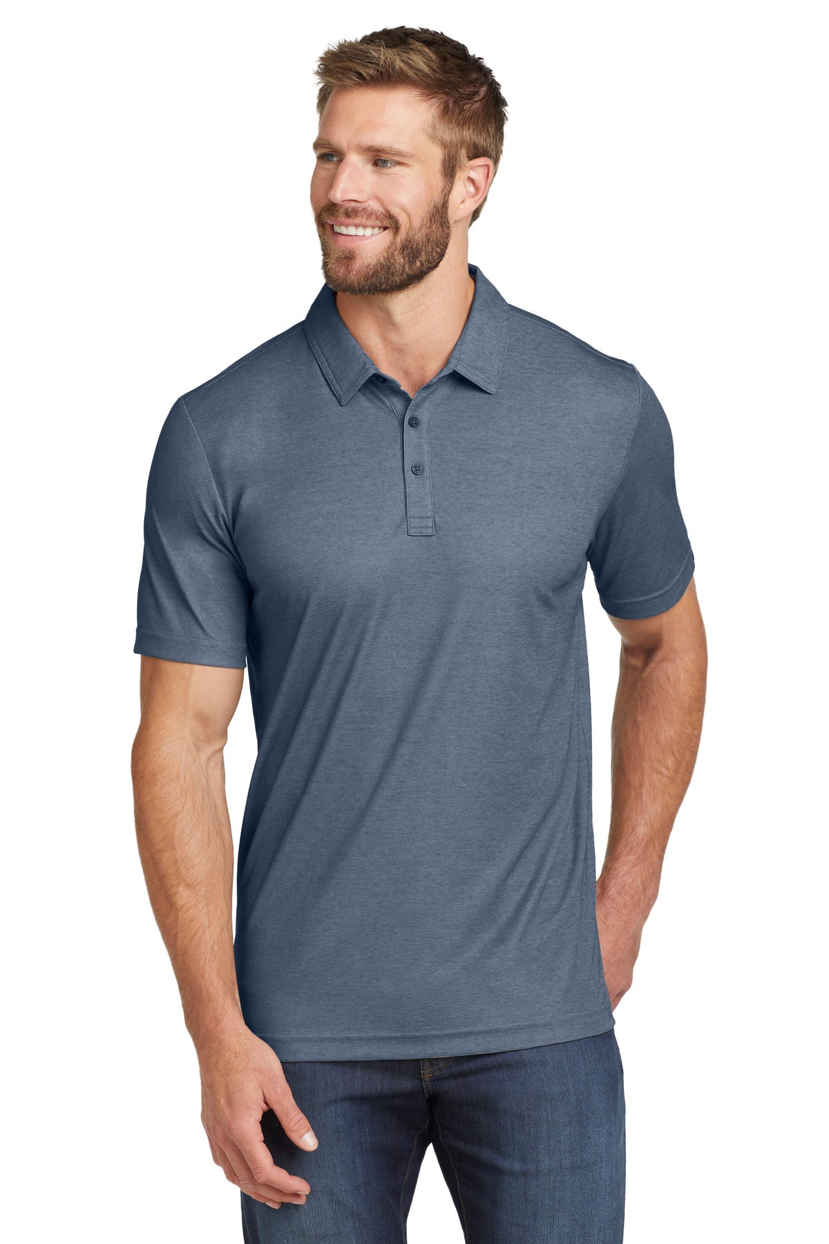 Custom logo TravisMathew Oceanside Heather Polo. TM1MU412 in Blue Nights Heather