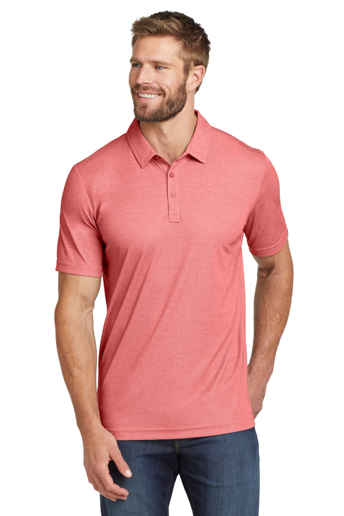 Custom logo TravisMathew Oceanside Heather Polo. TM1MU412 in Cardinal Heather