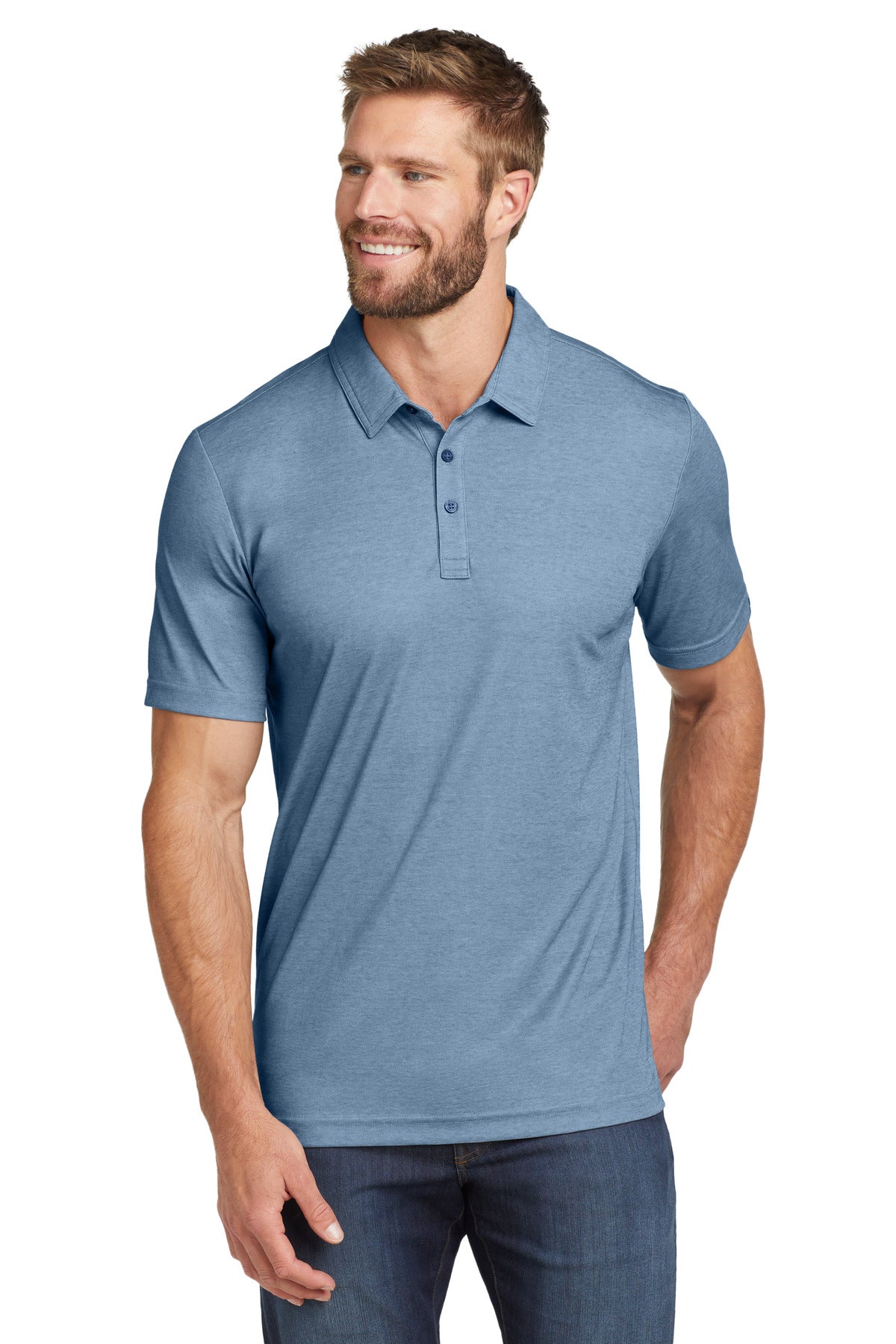 Custom logo TravisMathew Oceanside Heather Polo. TM1MU412 in Classic Blue Heather