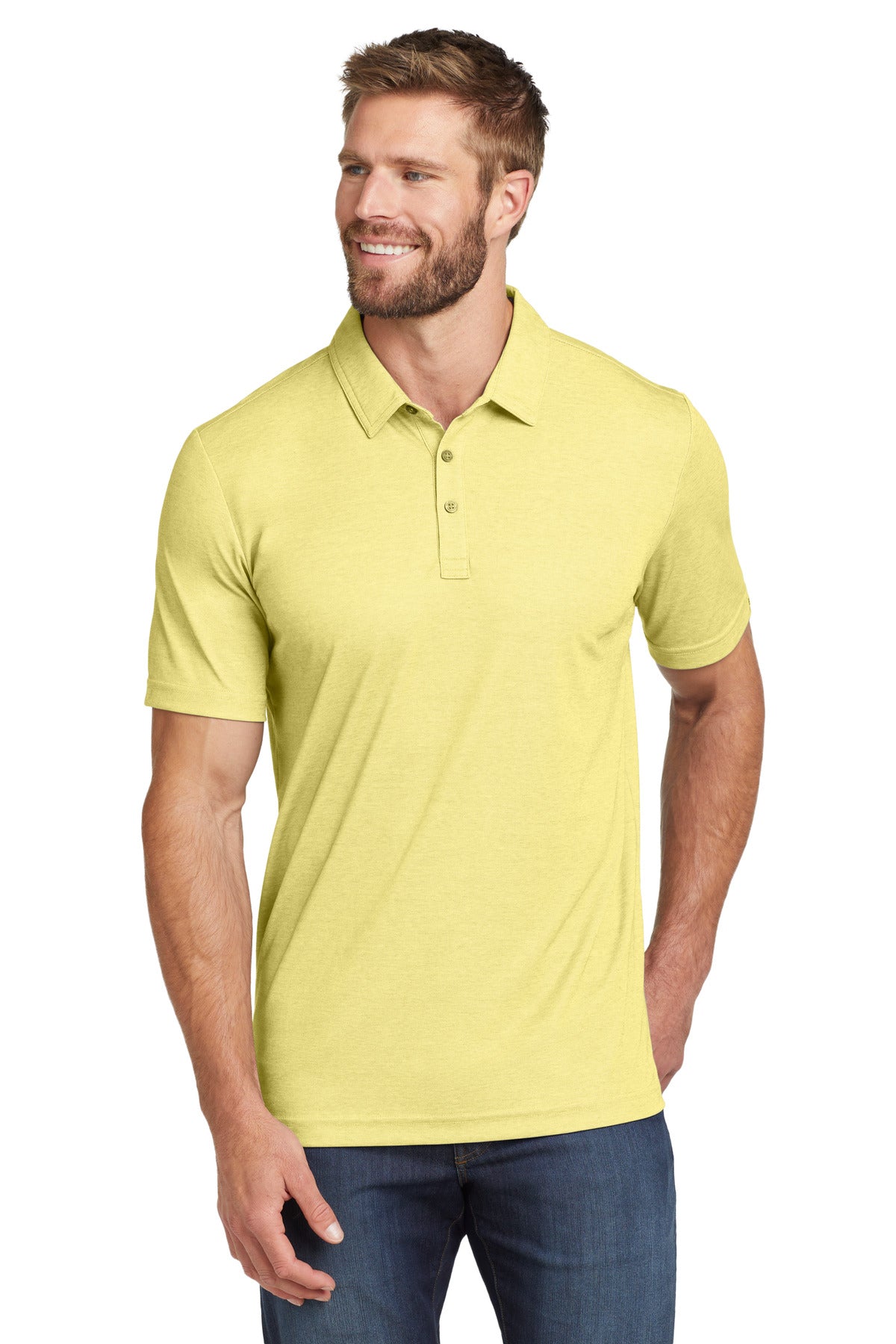 Custom logo TravisMathew Oceanside Heather Polo. TM1MU412 in Pale Banana Heather
