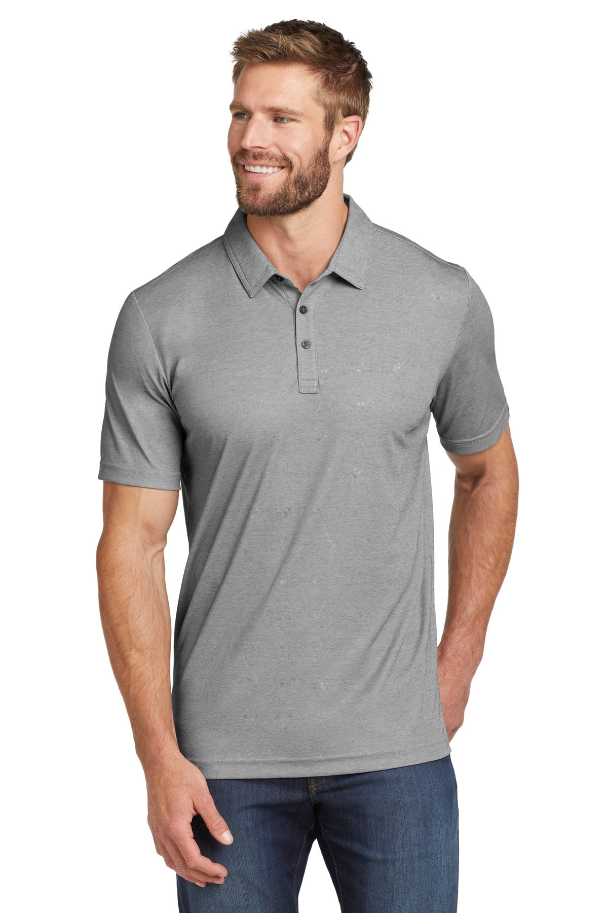 Custom logo TravisMathew Oceanside Heather Polo. TM1MU412 in Quiet Shade Grey Heather