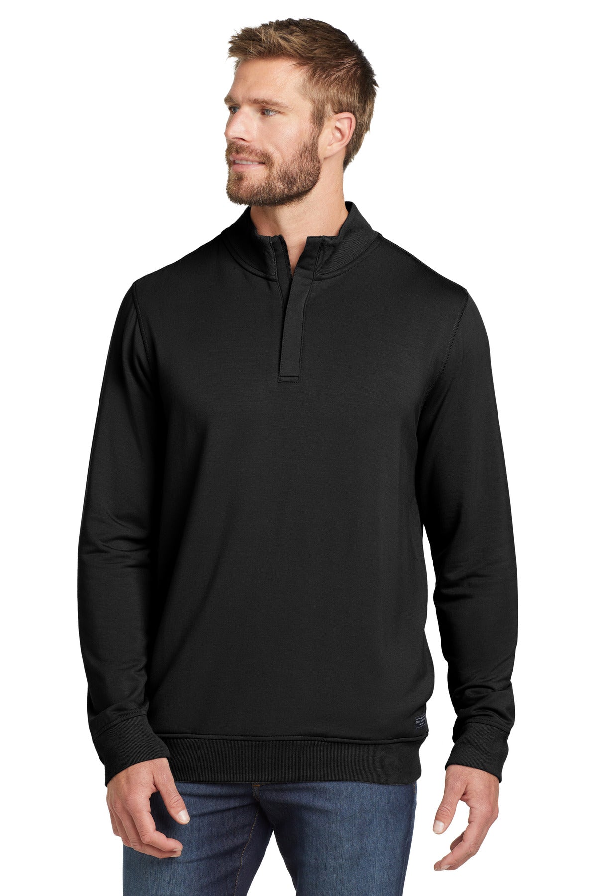 Custom logo TravisMathew Newport 1/4-Zip Fleece. TM1MU419 in Black