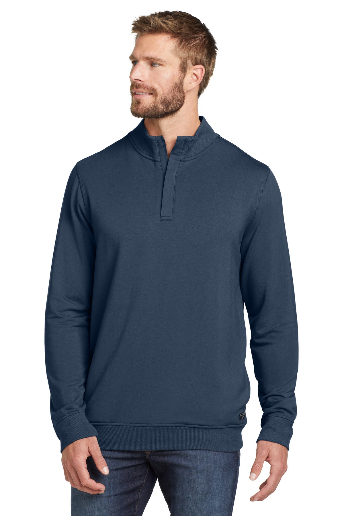 Custom logo TravisMathew Newport 1/4-Zip Fleece. TM1MU419 in Blue Nights
