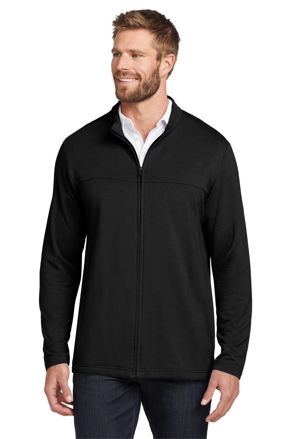 Custom logo TravisMathew Newport Full-Zip Fleece. TM1MU420 in Black