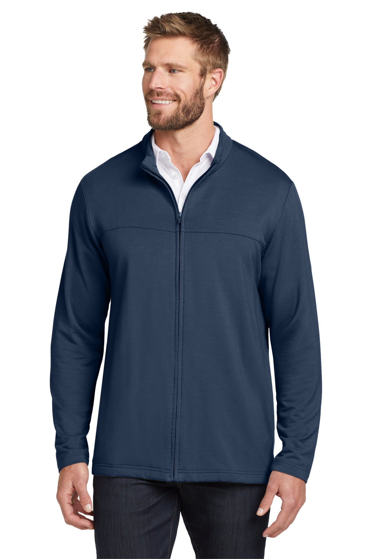 Custom logo TravisMathew Newport Full-Zip Fleece. TM1MU420 in Blue Nights