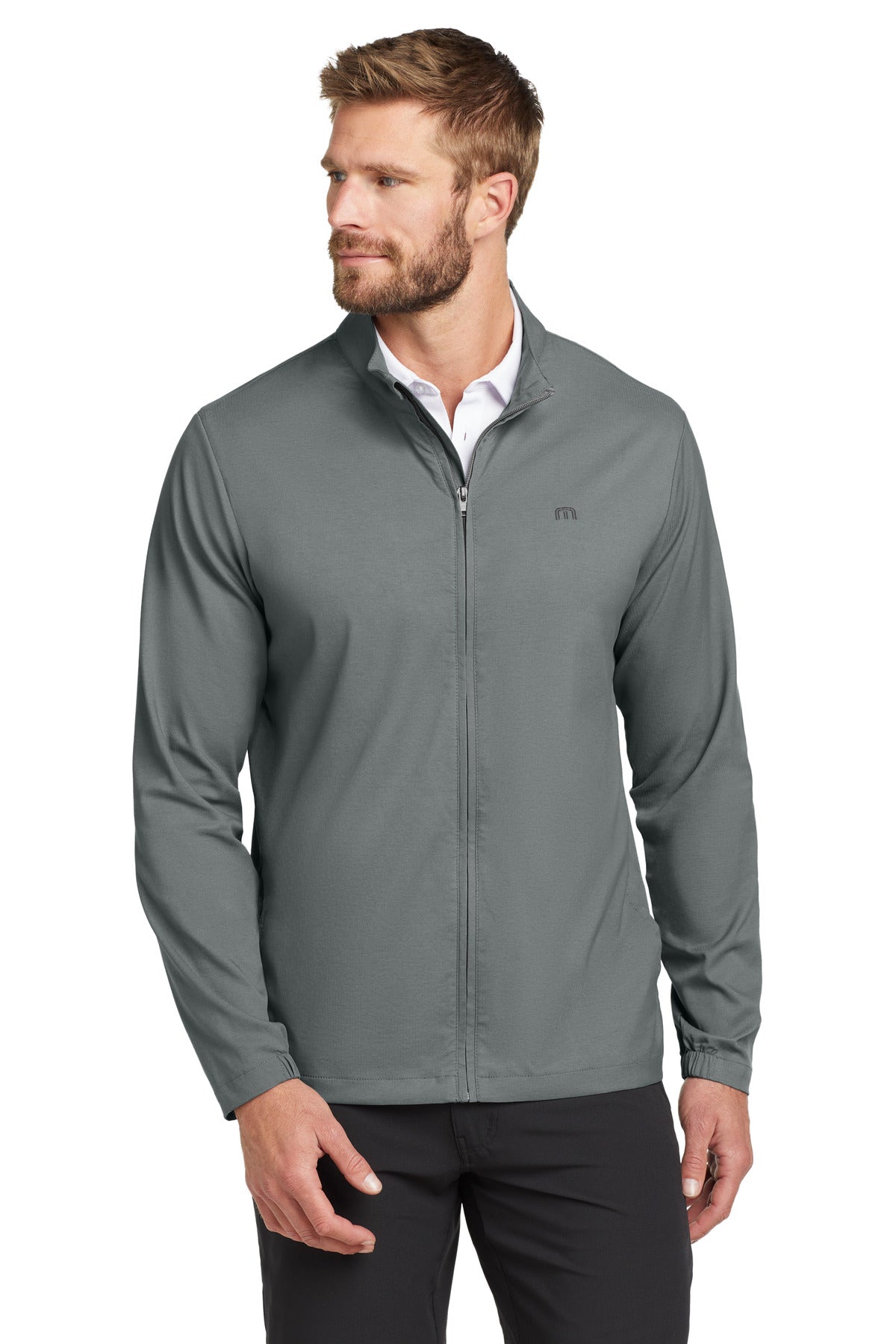 Custom logo TravisMathew Surfside Full-Zip Jacket. TM1MU422 in Quiet Shade Grey Heather