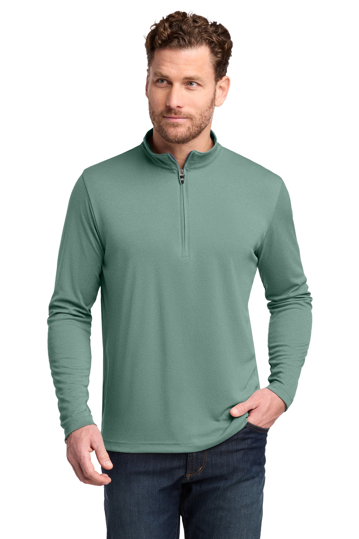 Custom logo TravisMathew Coto Performance 1/4-Zip TM1MY397 in Beryl Green Heather