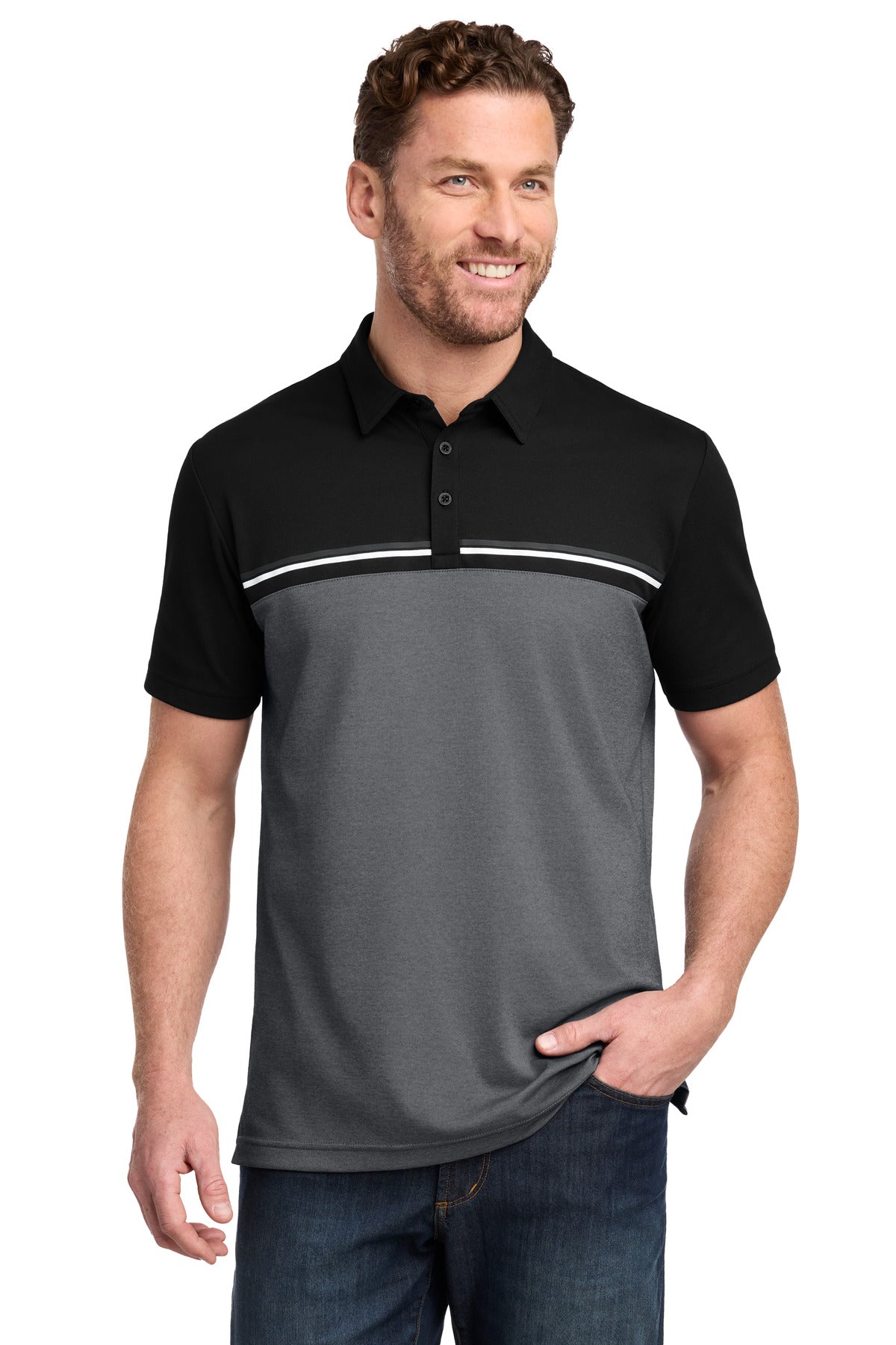 Custom logo TravisMathew Sunset Blocked Polo TM1MY401 in Black/ Dark Grey Heather