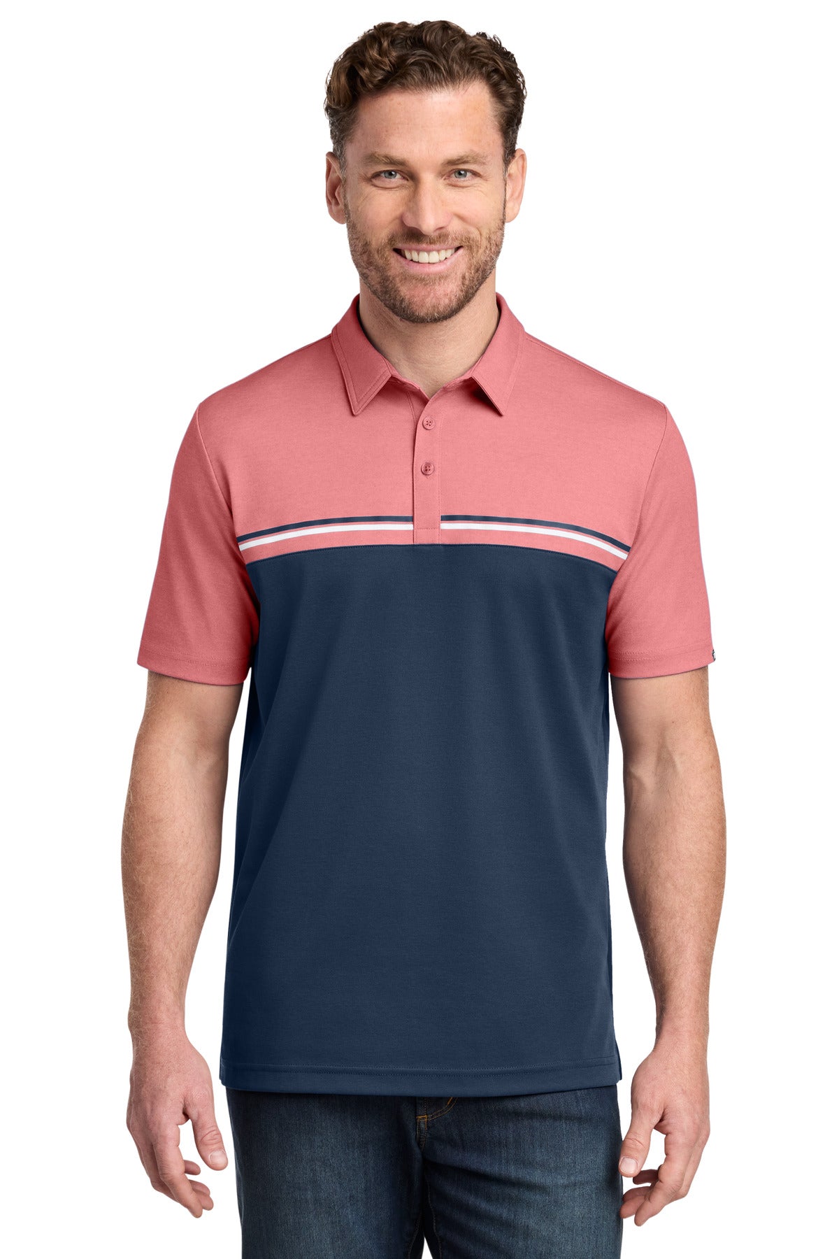 Custom logo TravisMathew Sunset Blocked Polo TM1MY401 in Cardinal Heather/ Blue Nights