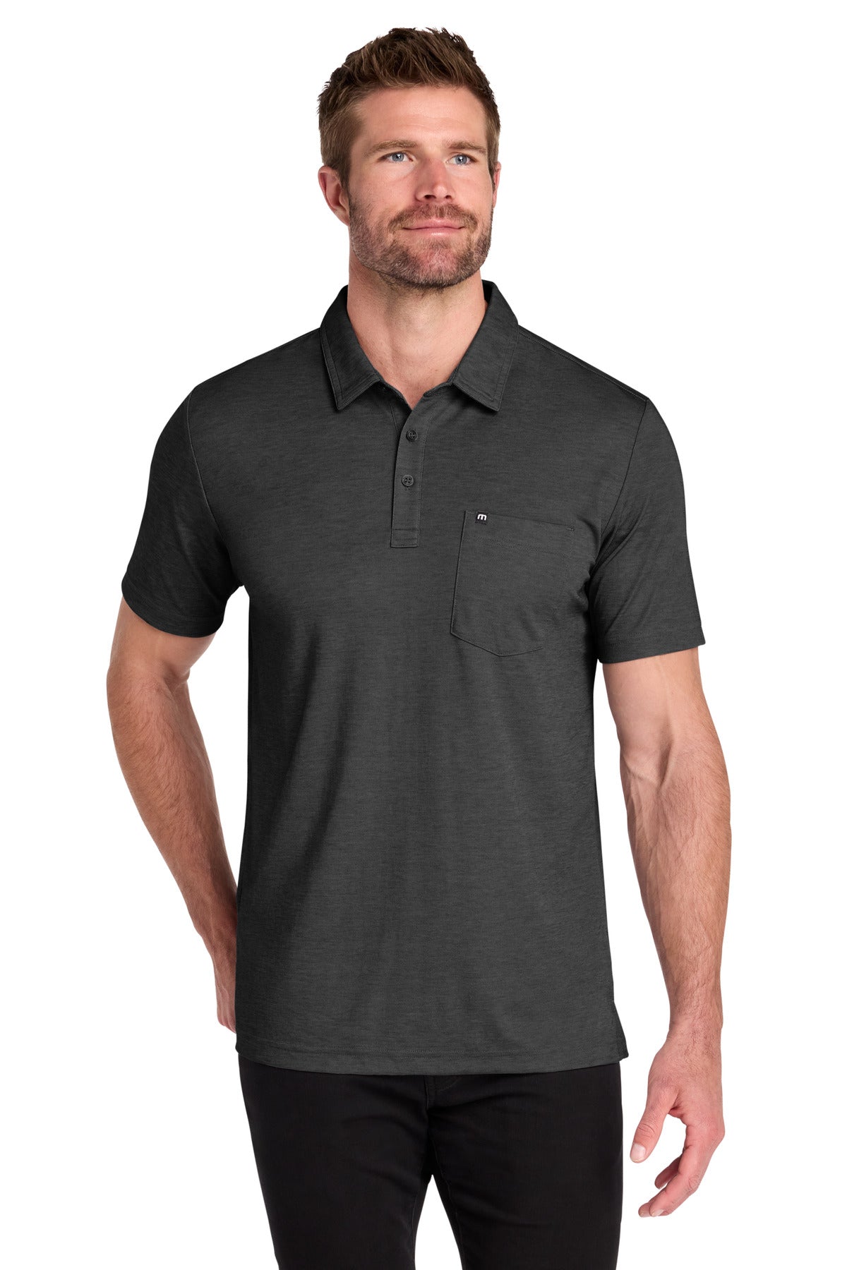 Custom logo TravisMathew Oceanside Heather Pocket Polo TM1MY404 in Black Heather