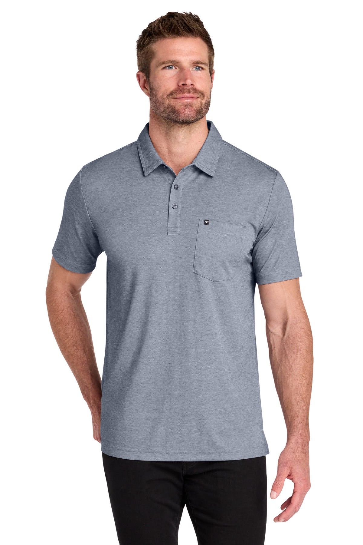 Custom logo TravisMathew Oceanside Heather Pocket Polo TM1MY404 in Blue Nights Heather