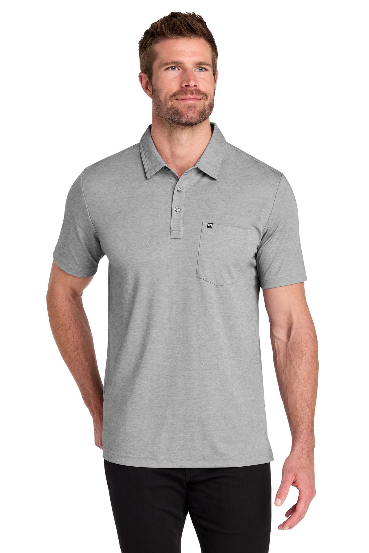Custom logo TravisMathew Oceanside Heather Pocket Polo TM1MY404 in Quiet Shade Grey Heather