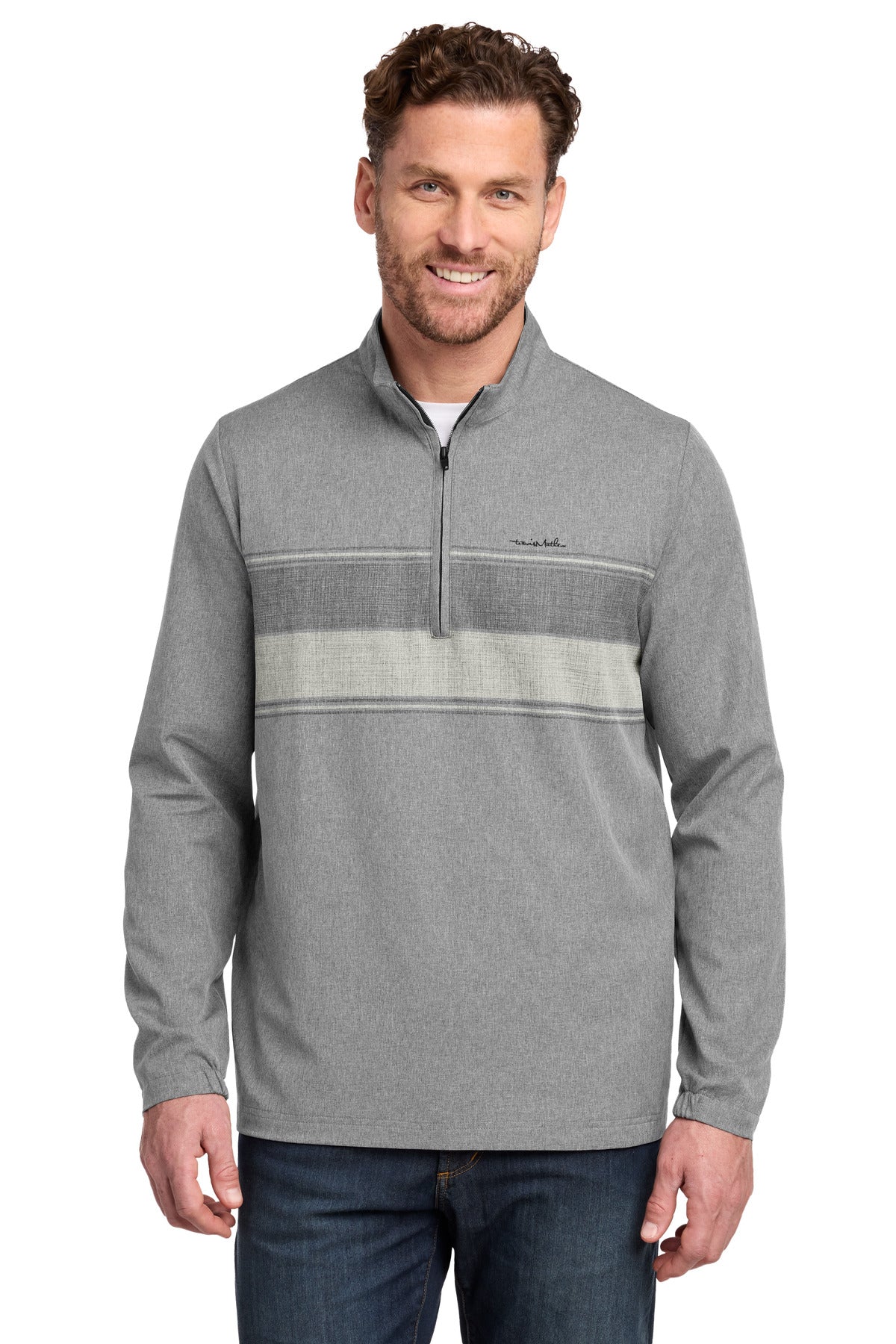 Custom logo TravisMathew Balboa Chest Stripe 1/4-Zip TM1MZ340 in Dark Grey Heather